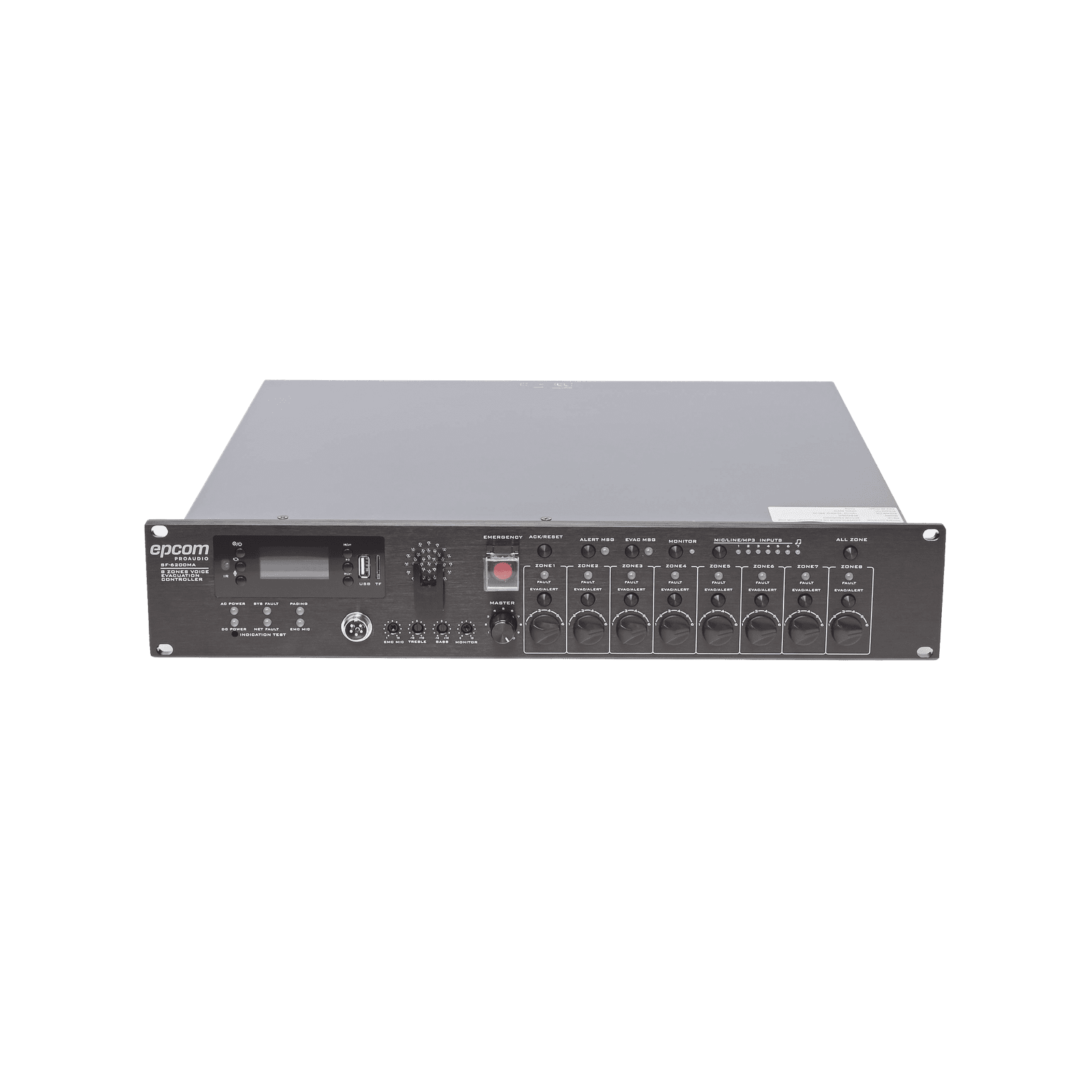 Controlador de Evacuación Por Voz | 500 W | 8 Zonas independientes | 4 entradas de audio y 2 entradas de micrófono SF-6200MA - EPCOM PROAUDIO