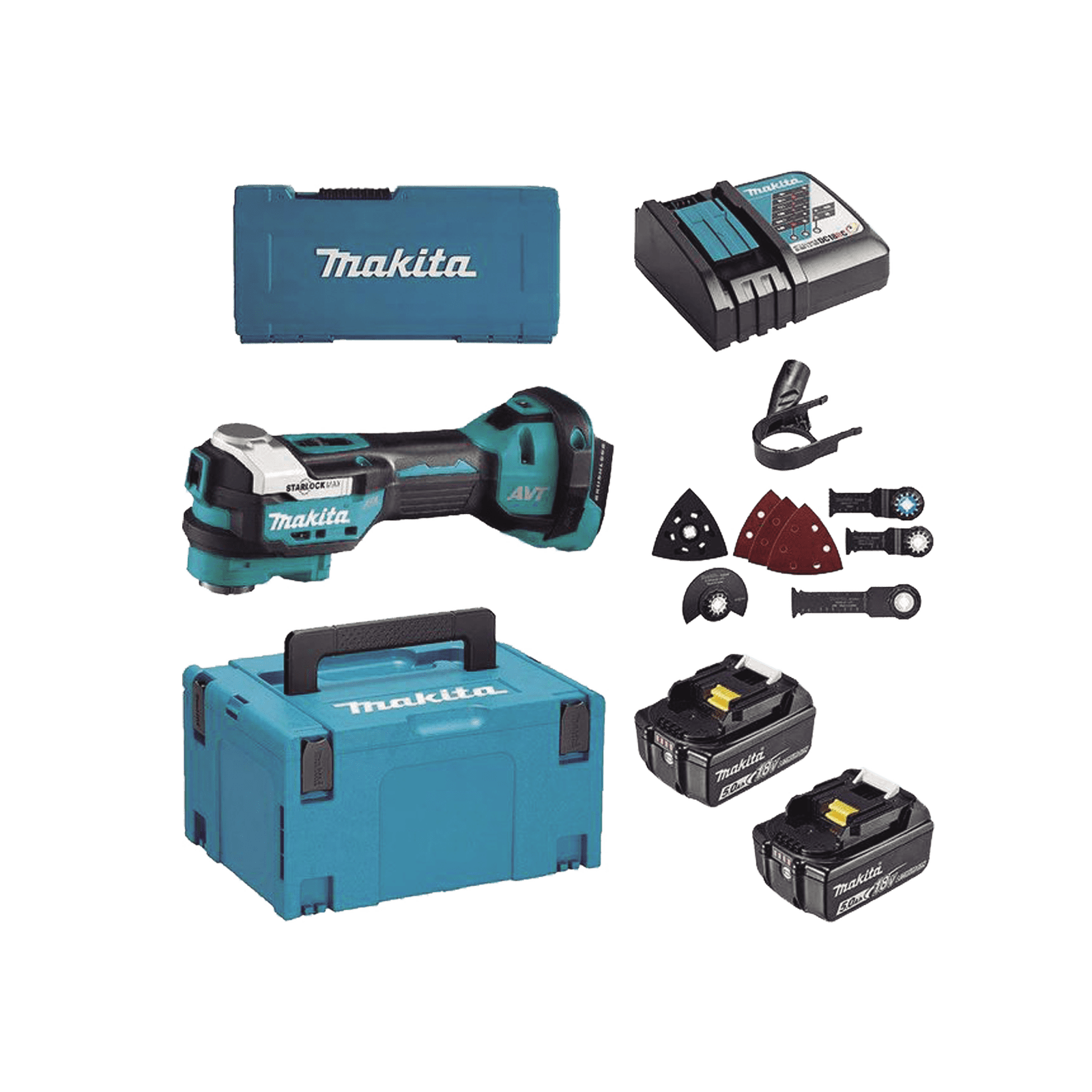 Multiherramienta Oscilante Inalámbrica de 18V, incluye 2 Baterías  BL1850B de 5.0 A, Cargador DC18RC y Estuche Makpac DTM-52-RTJX1 - MAKITA