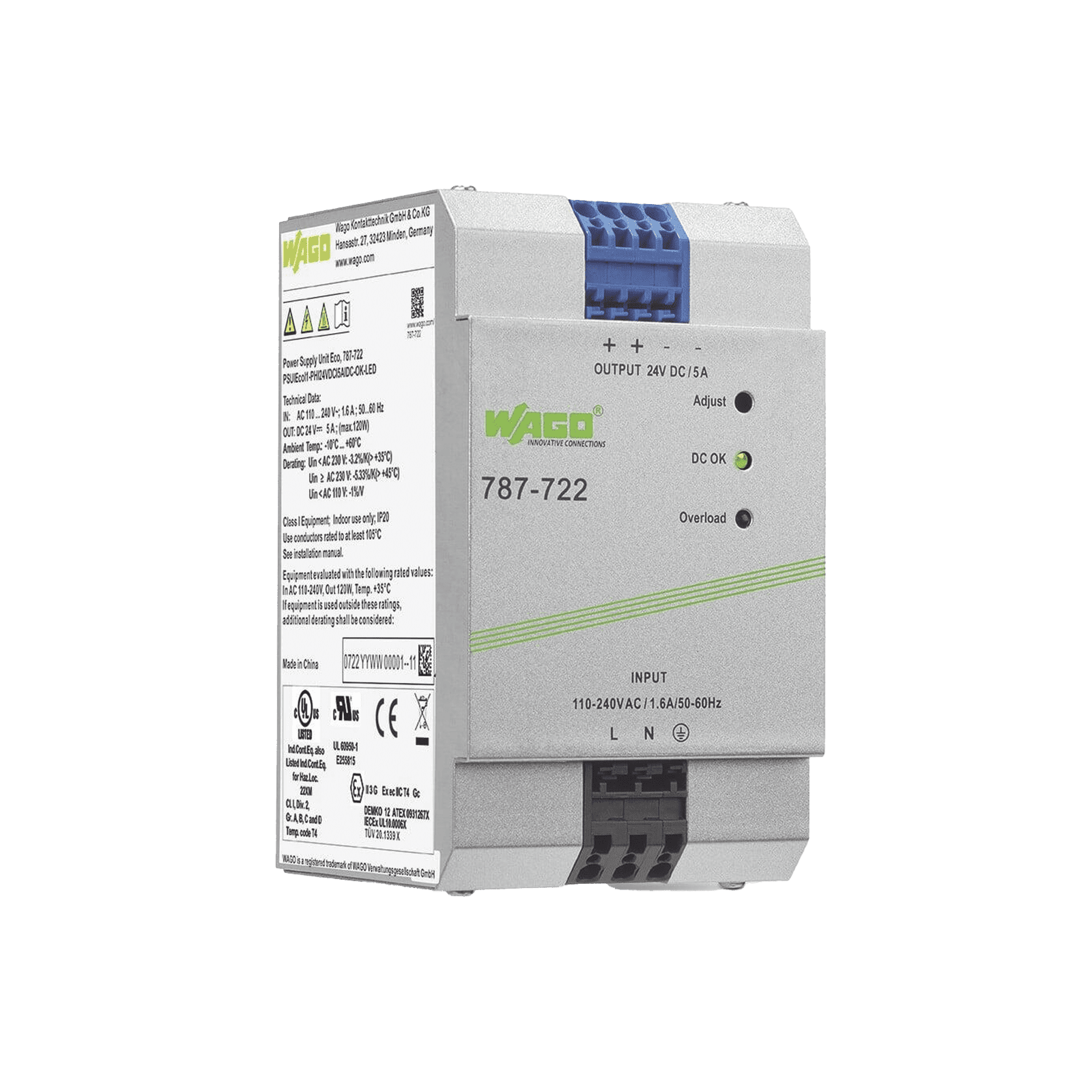 Fuente de alimentación; ECO; monofásico; Tensión de salida 24V DC; Corriente de salida 5A; DC-OK LED; 4,00 mm² 787-722 - WAGO