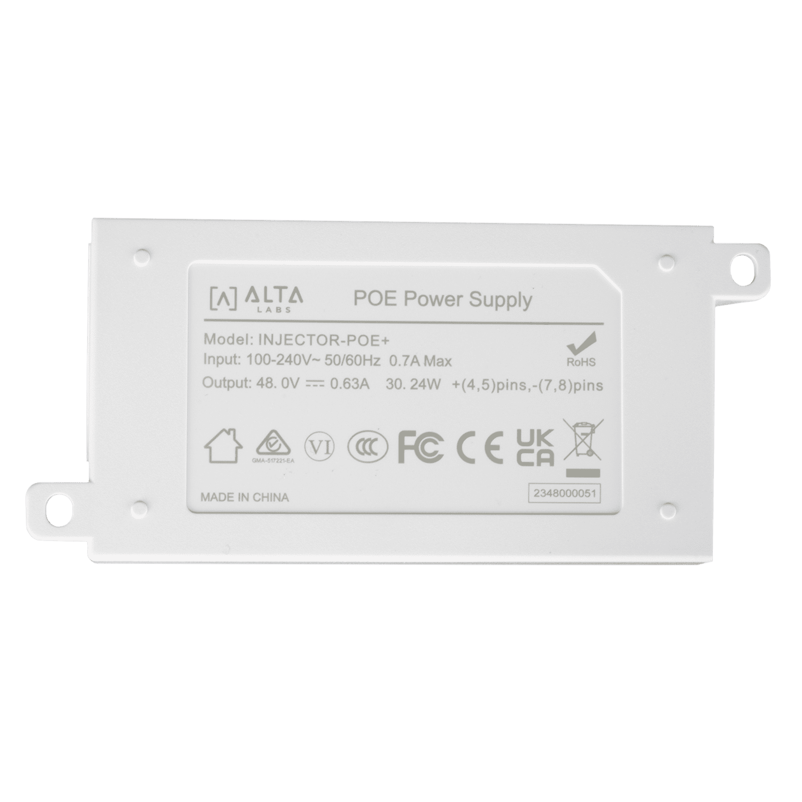 Inyector POE+ (48V 0.6A) /  Para Puntos de Acceso Alta Labs / 2 Puertos 10/100/1000 Mbps / Incluye cable AC INJECTOR-POE+ - ALTA LABS