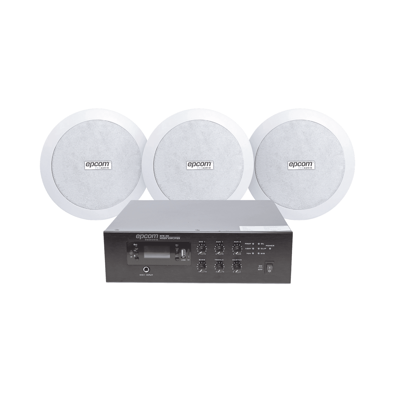 KIT de Amplificador de 120W para Escritorio | 3 Altavoces de Plafón de 5.5in | 3.75 – 30W | Sistema 70/100V SFB120/3CS - EPCOM PROAUDIO