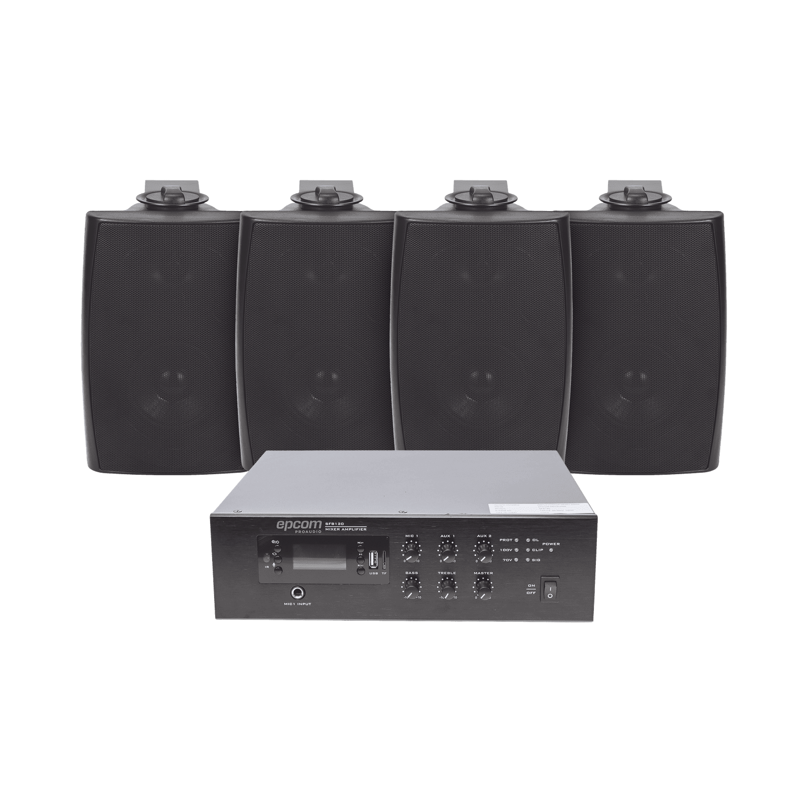 KIT de Amplificador de 120W para Escritorio | 4 Altavoces de Pared color Negro 2.5W – 20W | Sistema 70/100V SFB120/4WS - EPCOM PROAUDIO