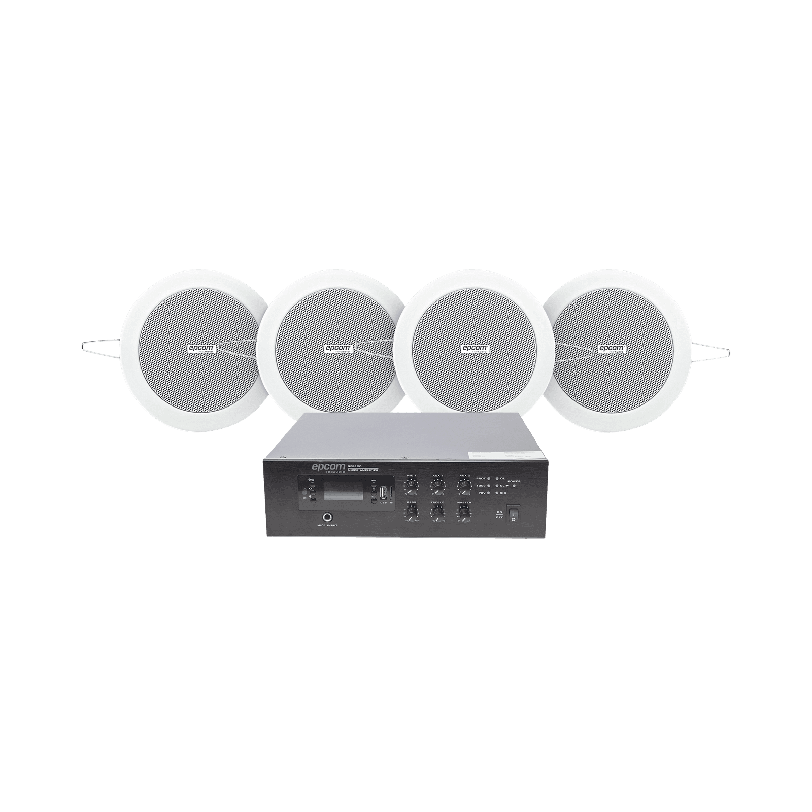 KIT de Amplificador de 120W para Escritorio | 4 Altavoces de Plafón de 4in | 3 – 6W | Sistema 70/100V SFB120/4CS - EPCOM PROAUDIO