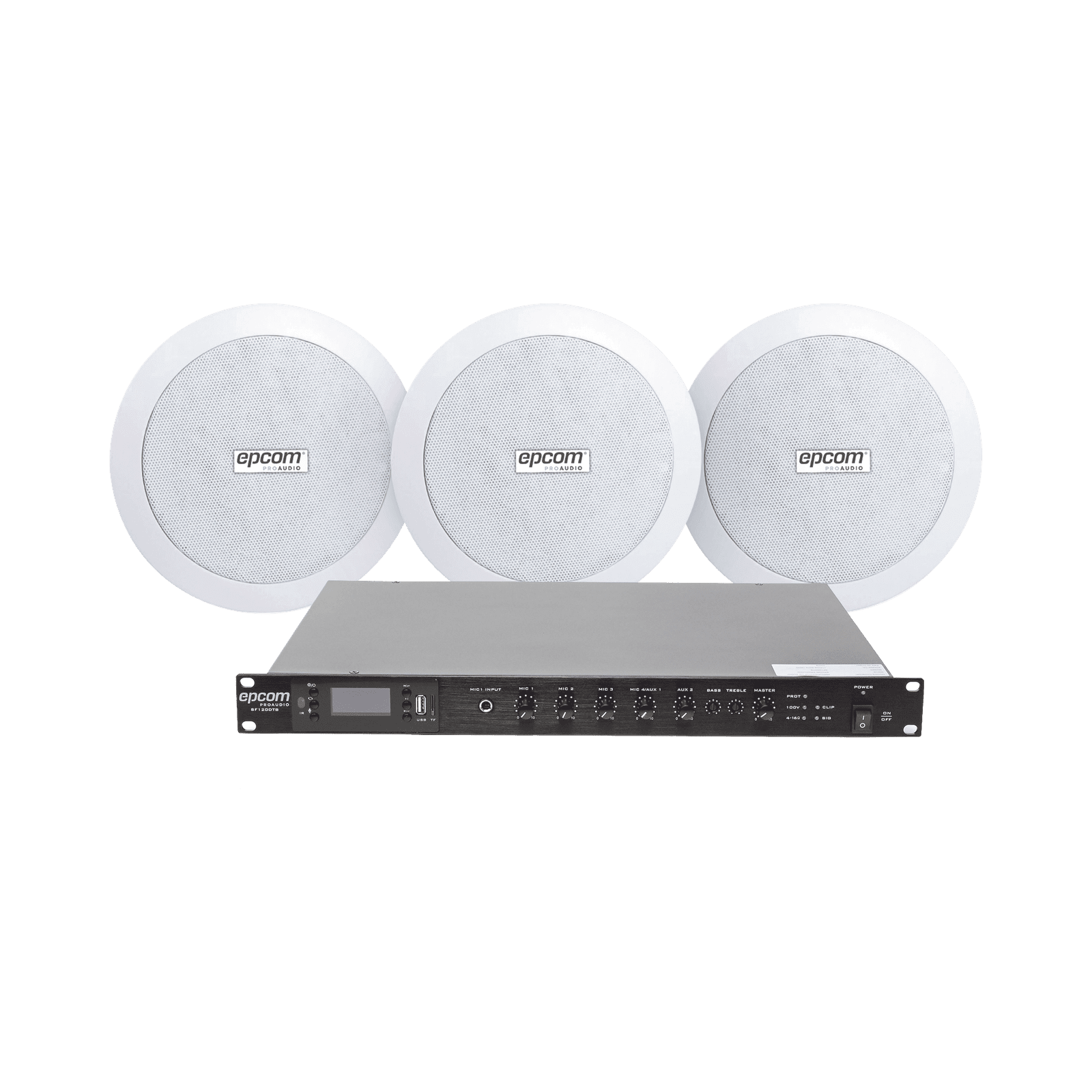 KIT de Amplificador de 120W para Rack SF120DTB | 3 Altavoces de Plafón de 5.5in SF-206P | 3.75 – 30W | Sistema 70/100V SF120DTB/3CS - EPCOM PROAUDIO