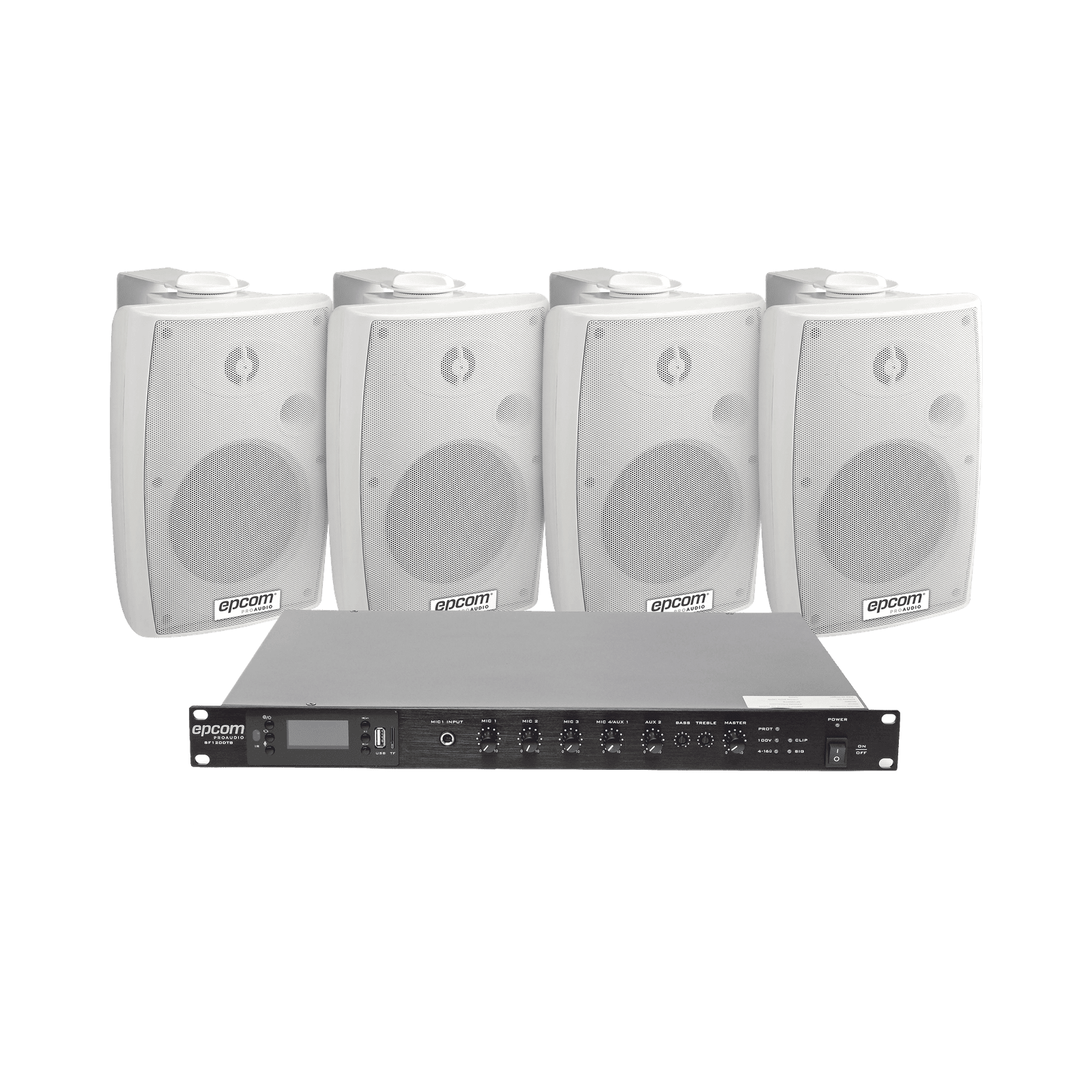 KIT de Amplificador de Audio 120W para Rack | 4 Altavoces de Pared color Blanco 2.5W – 20W | Sistema 70/100V SF120DTB/4WSW - EPCOM PROAUDIO