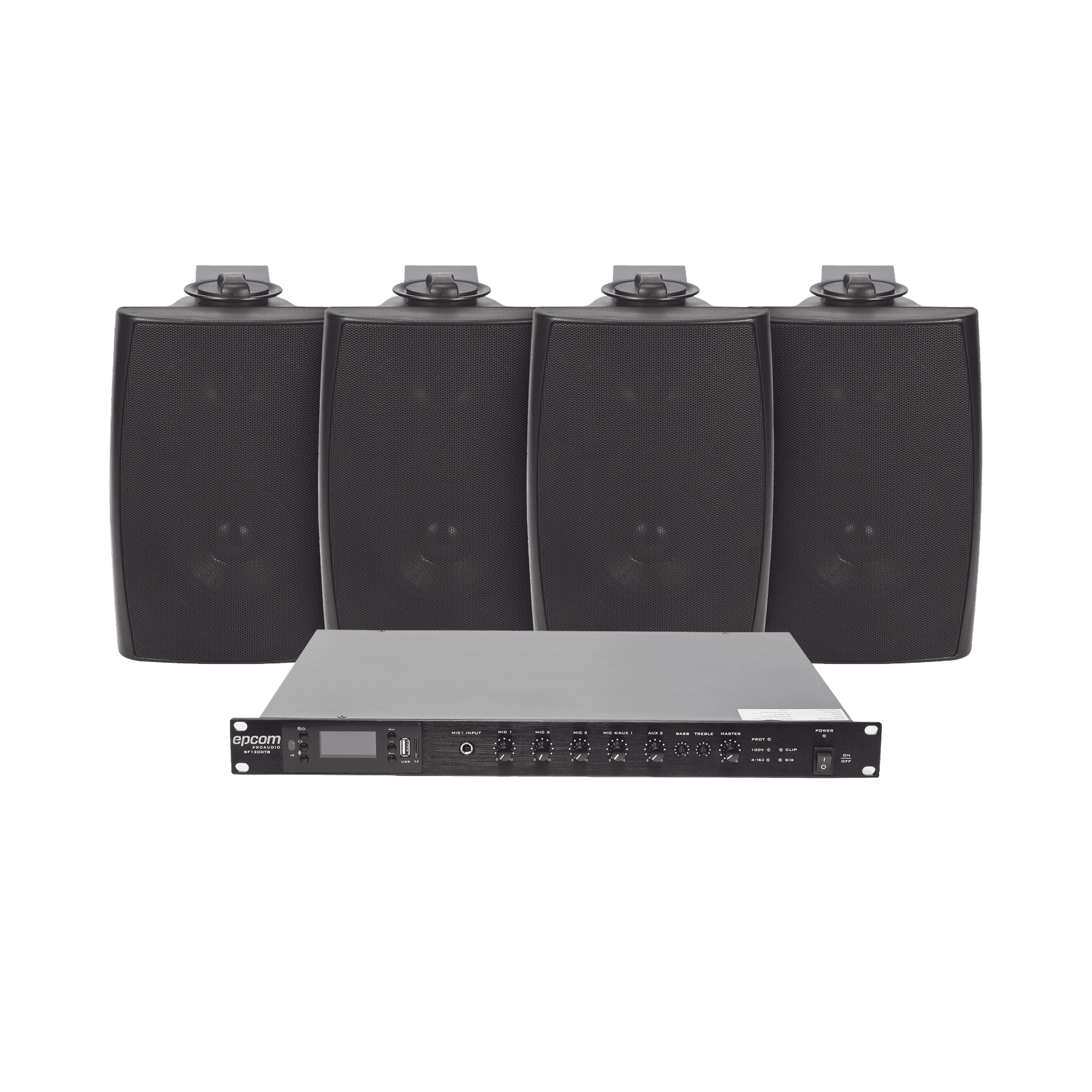 KIT de Amplificador de Audio 120W para Rack | 4 Altavoces de Pared color Negro 2.5W – 20W | Sistema 70/100V SF120DTB/4WS - EPCOM PROAUDIO