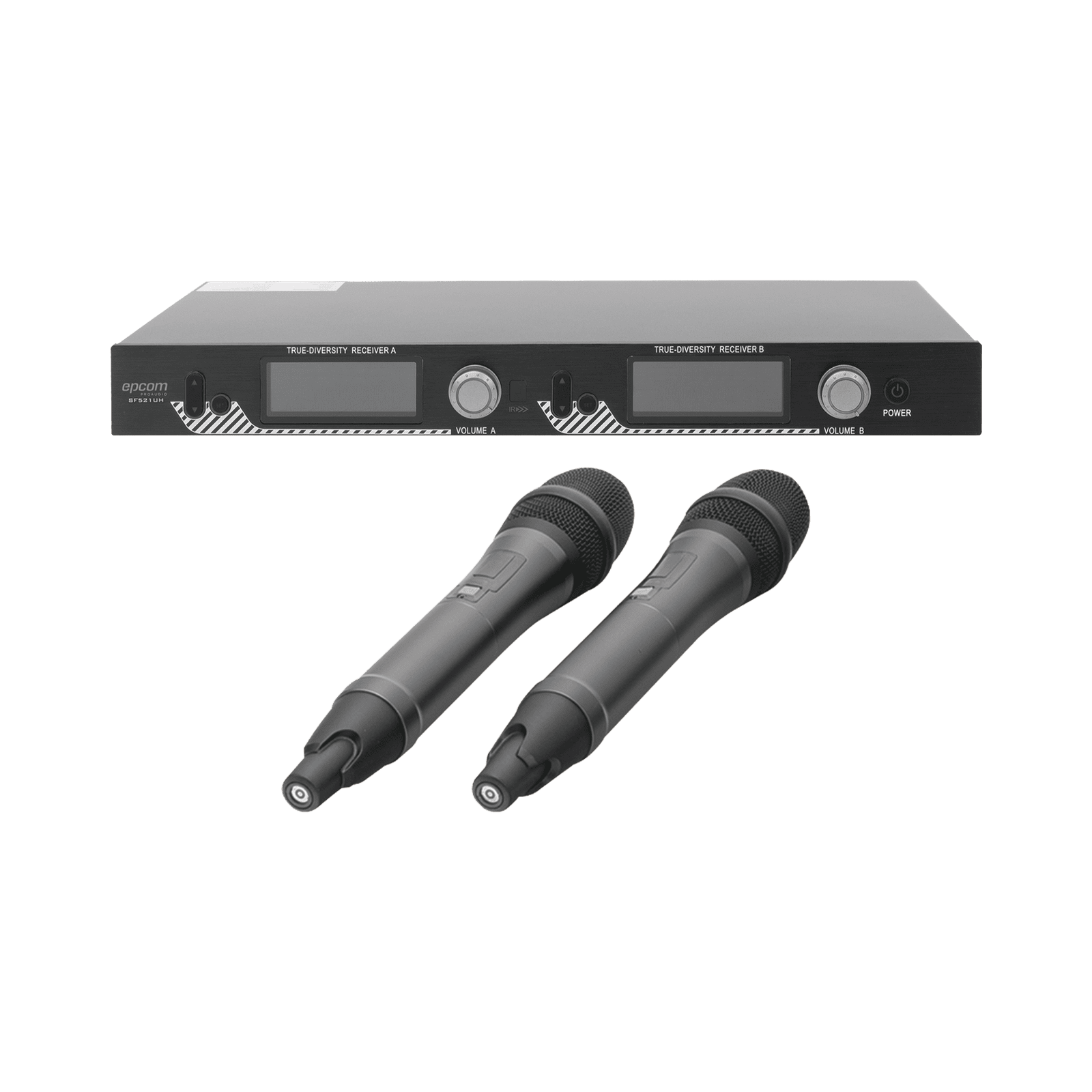 Kit de Microfonía inalámbrico | 2 Micrófonos de mano | Receptor UHF | Pantalla LCD | 200 Canales | Gran cobertura SF-521UH - EPCOM PROAUDIO
