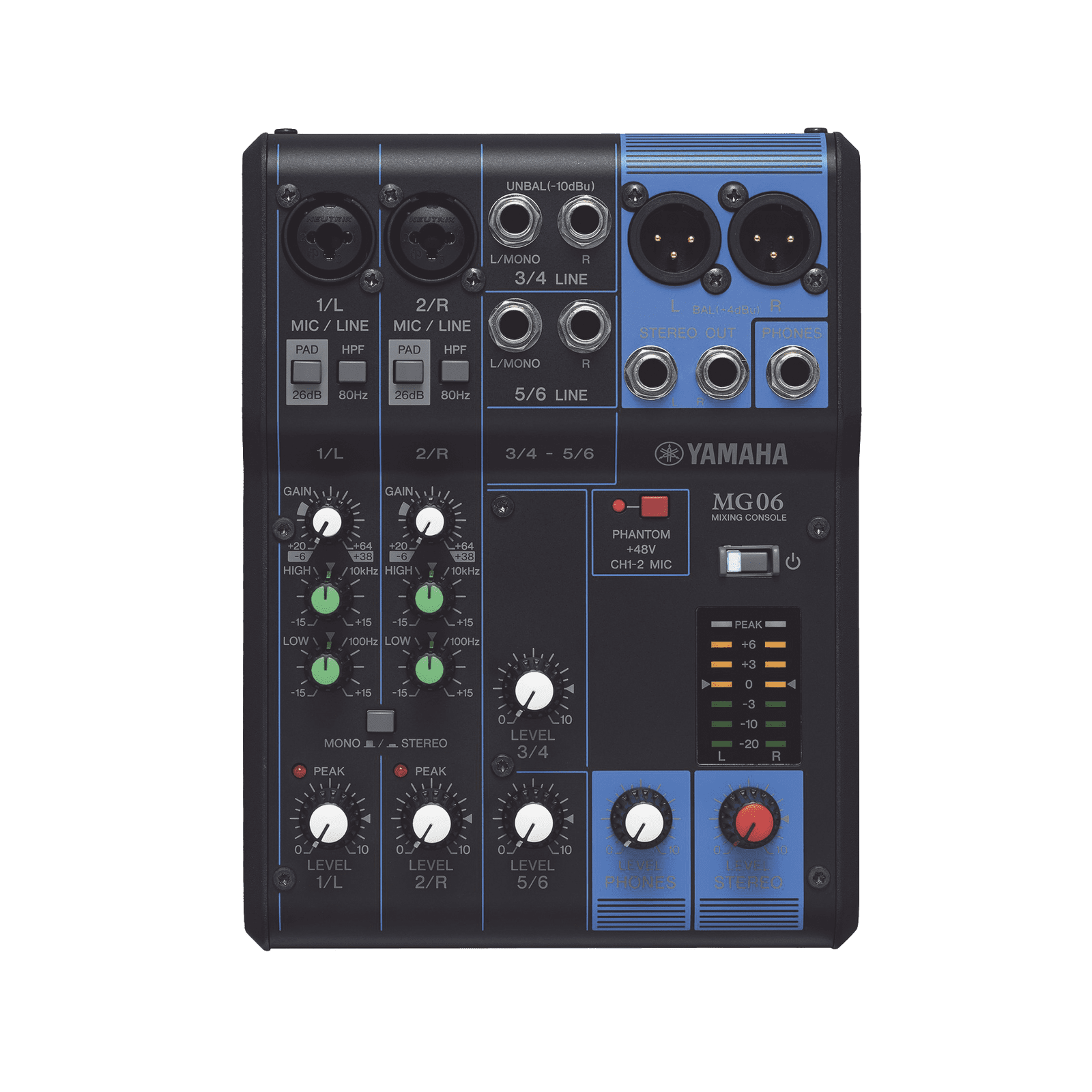 Mezcladora de Audio | 6 Canales | 2 entradas de micro/6 de línea (2 mono + 2 estéreo) | Alimentación Phantom MG06 - YAMAHA