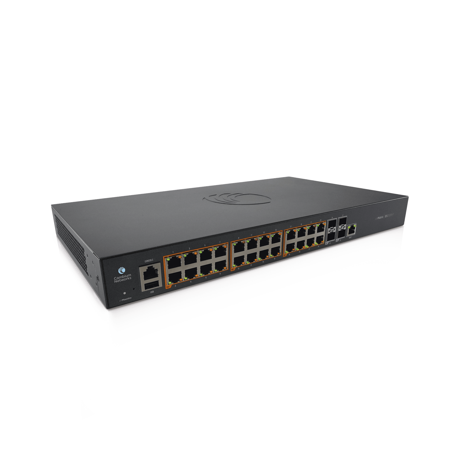 Switch cnMatrix EX2028-P capa 3 de 28 puertos (24 PoE Gigabit 802.3af/at, 4 SFP+) administración desde la Nube (MX-EX2028PxB-U) MX-EX2028PXB-U - CAMBIUM NETWORKS