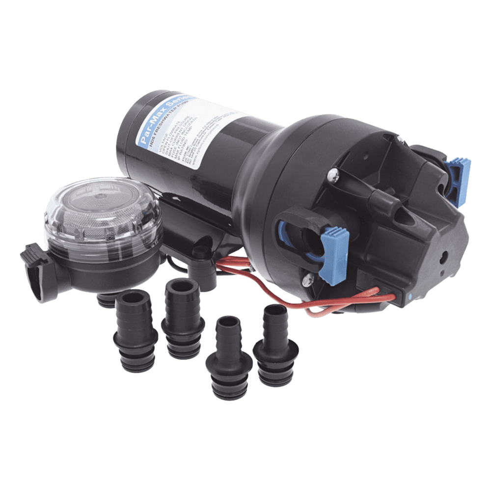 Bomba de diafragma controlada por presión para trabajo pesado ParMax de 12 Vcd, caudal de 5 GPM, presión máxima 60 psi, para manguera de diámetro interior de 13 mm (1/2") y 19 mm (3/4") P501J-118S-3A