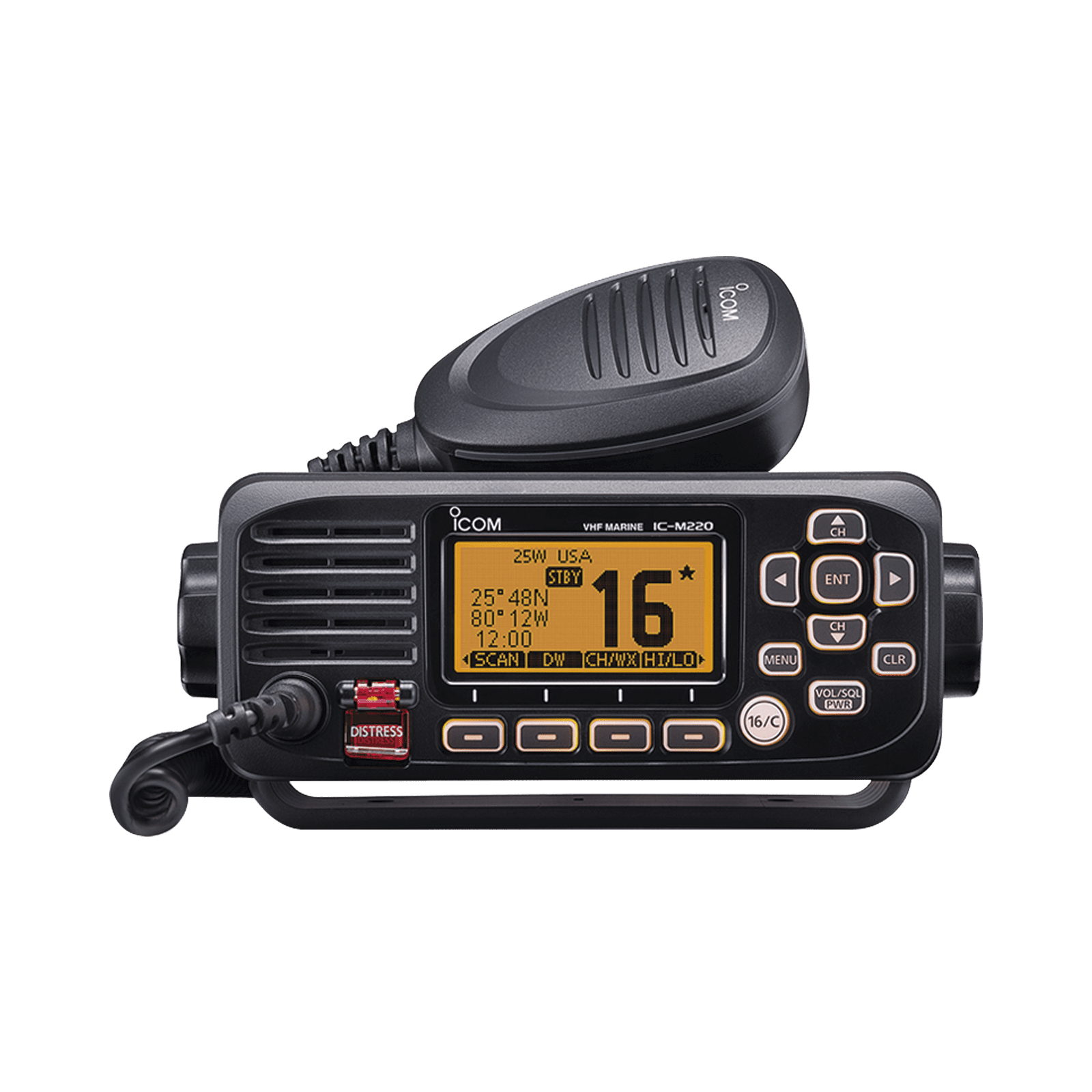 Radio móvil marino ICOM, Tx: 156.025-157.425MHz, Rx: 156.050-163.275MHz, 25W de potencia, sumergible IPX7 incluye: micrófono, cable de alimentación y accesorios IC-M220/13 - ICOM