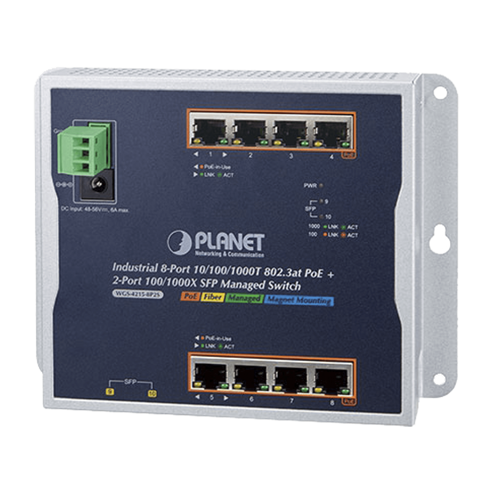 Switch Industrial PoE Administrable de Pared Capa 2, 8 Puertos Gigabit PoE 802.3at y 2 Puertos 100/1000X SFP WGS-4215-8P2S - PLANET