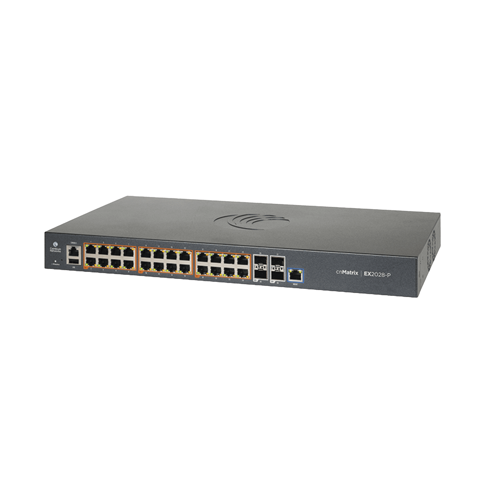 Switch cnMatrix EX2028-P capa 3 de 28 puertos (24 PoE Gigabit 802.3af/at, 4 SFP+) administración desde la Nube (MX-EX2028PxB-U) MX-EX2028PXB-U - CAMBIUM NETWORKS