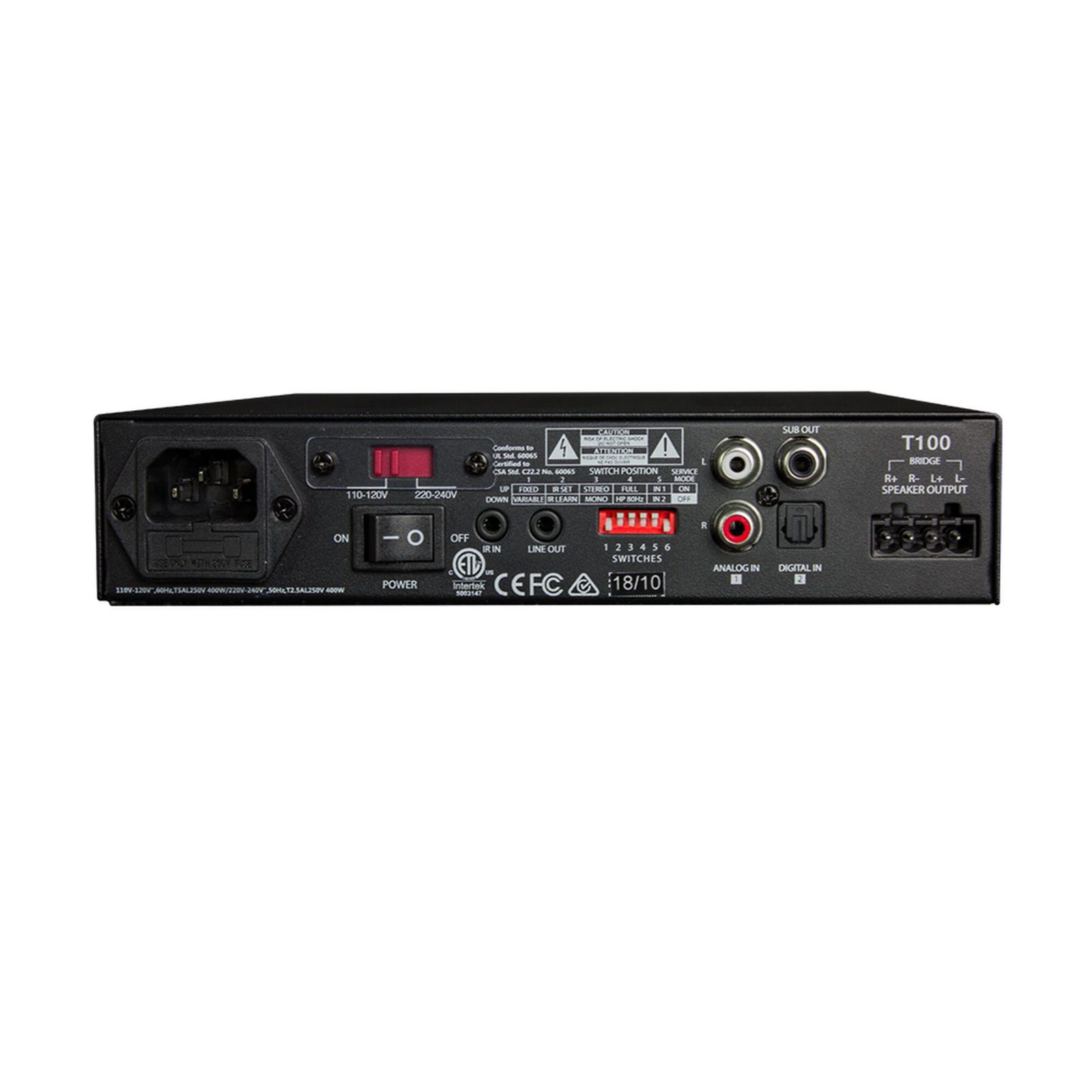 Amp Clase D | 2 Canales 100W | Con Aprendizaje IR | Salida Sub | Estéreo, Bridge, Múltiples Amplificadores | 4-8Ω T100 - TRUAUDIO