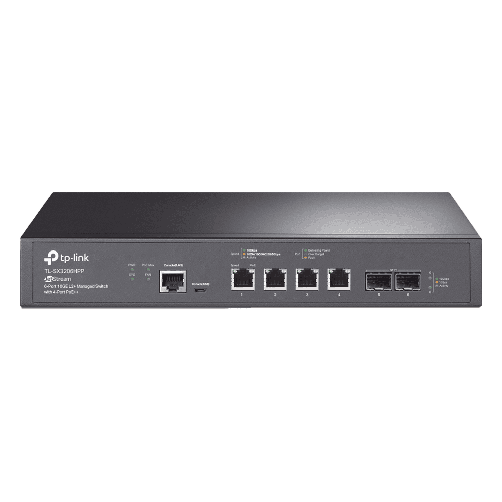 Switch L2+ PoE++ Omada 6 Puertos 10G / 4 Puertos 802.3 af/at/bt  Multi-Gigabit  1G, 2.5G, 5G, 10G / 2 Puertos SFP+ 10G / Multicast IGMP / Adminstración Centralizada Omada o Stand-Alone / Presupuesto PoE 200W / Montaje Rack-Escritorio TL-SX3206HPP