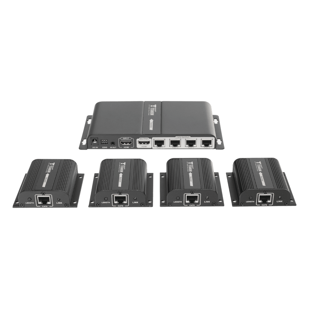 Kit Divisor y Extensor HDMI (Extender Splitter) / Divide 1 Fuente HDMI a 4 Pantallas / Extiende la seal HDMI hasta 40 m / Resolucin 1080P @ 60 Hz / Cat 6/6a/7 / Cero Latencia / Salida Loop en el Tx / IR / Alimente solo el Tx (PoC). TT714PRO