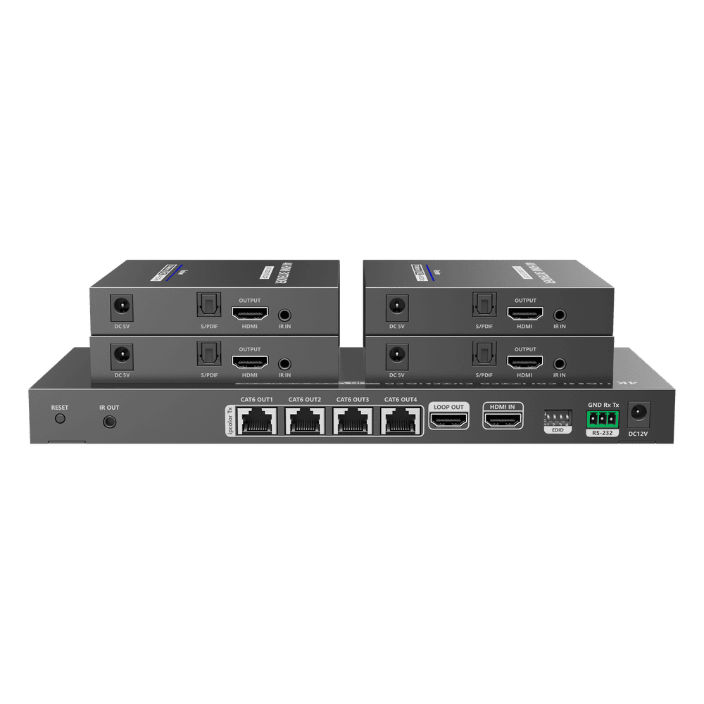 Kit Divisor y Extensor HDMI / Divide 1 Fuente HDMI a 4 Pantallas / Extiende la seal HDMI hasta 70 m / Resolucin 4K @ 60 Hz/ Cat 6/6a/7 / IPCOLOR / CERO LATENCIA / Uso 24/7 / Puerto S/PDIF / EDID / RS232 / Salida Loop / Alimente solo el Tx TT824
