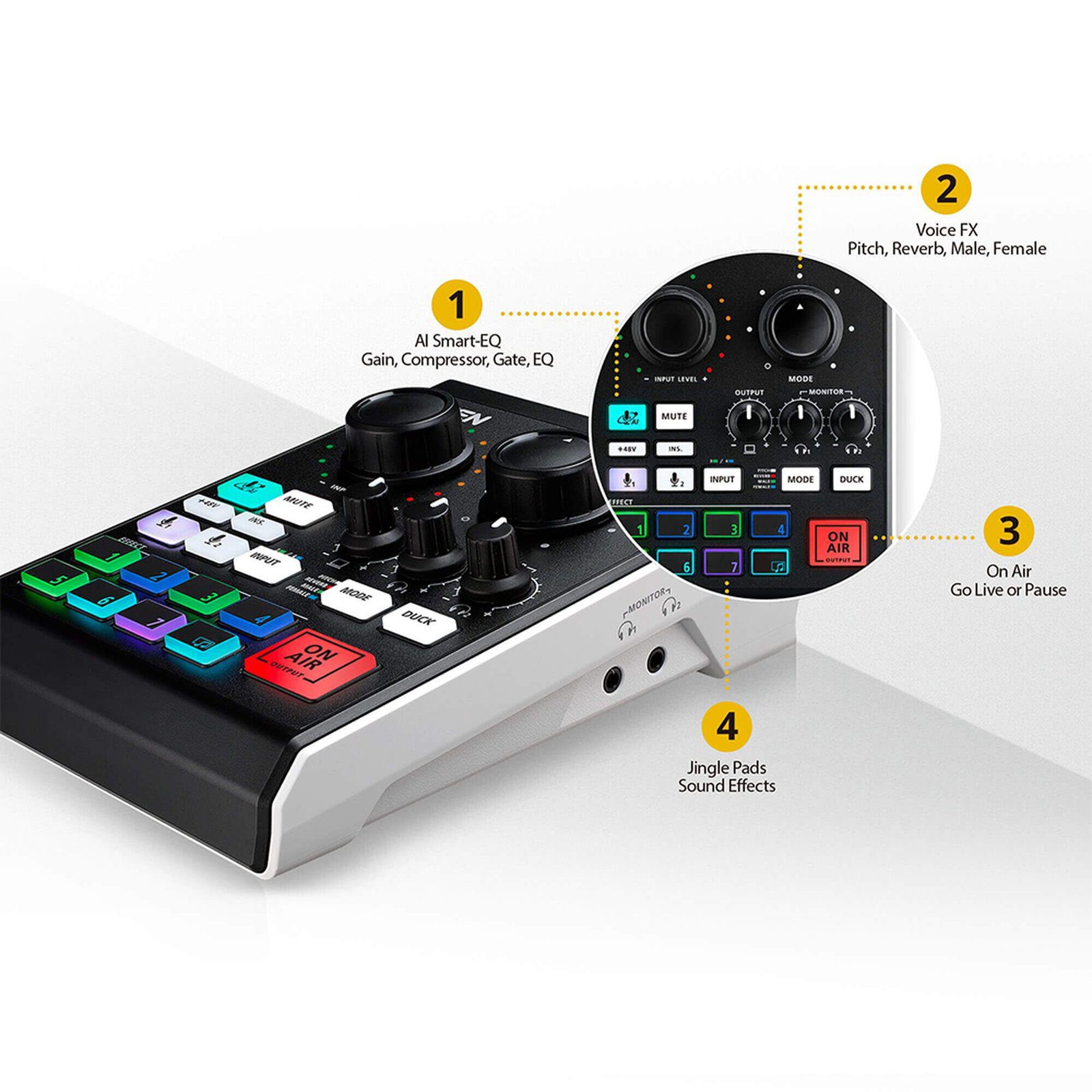 Mezclador de audio para pódcast con IA | MicLIVE™ de 6 canales UC8000 - ATEN