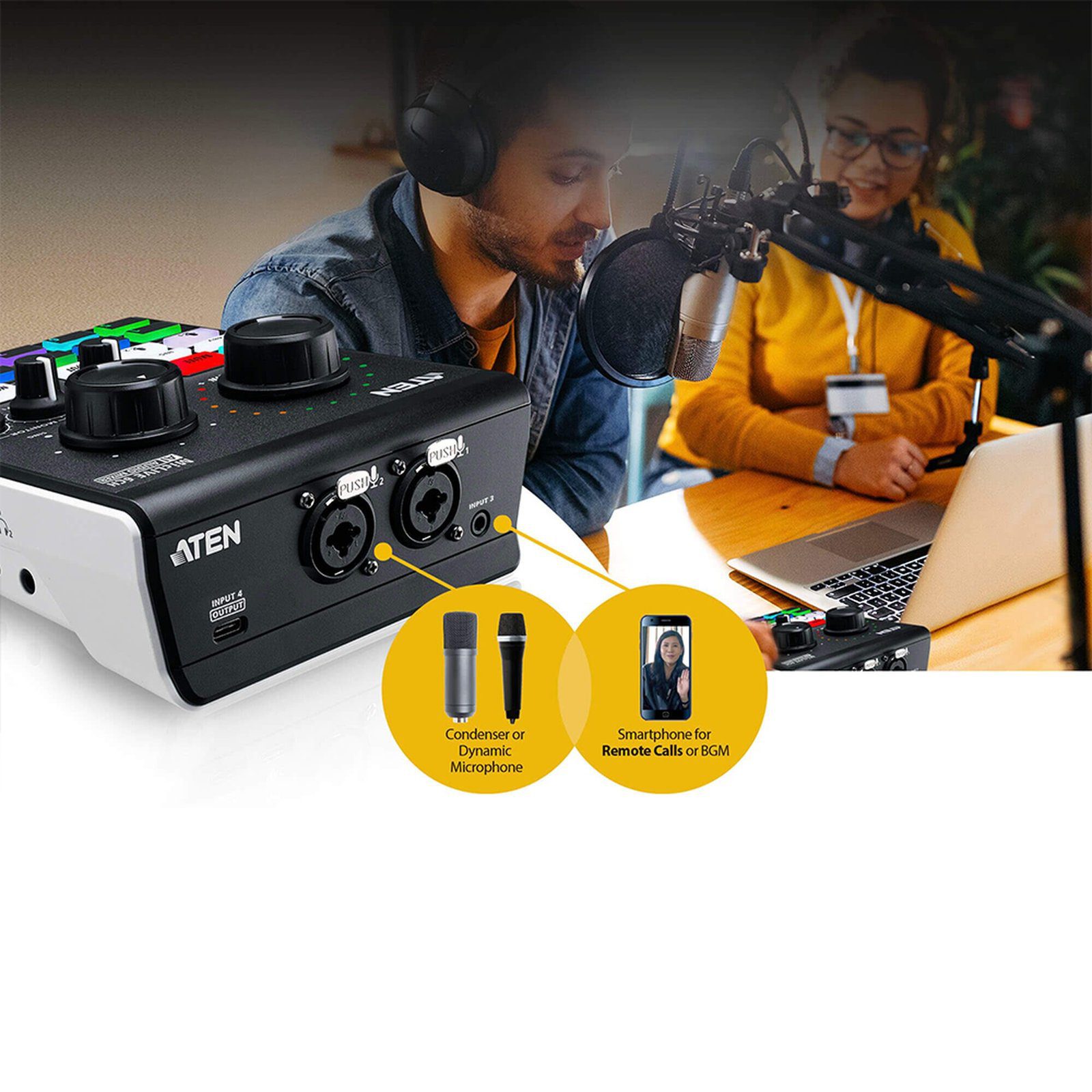 Mezclador de audio para pódcast con IA | MicLIVE™ de 6 canales UC8000 - ATEN