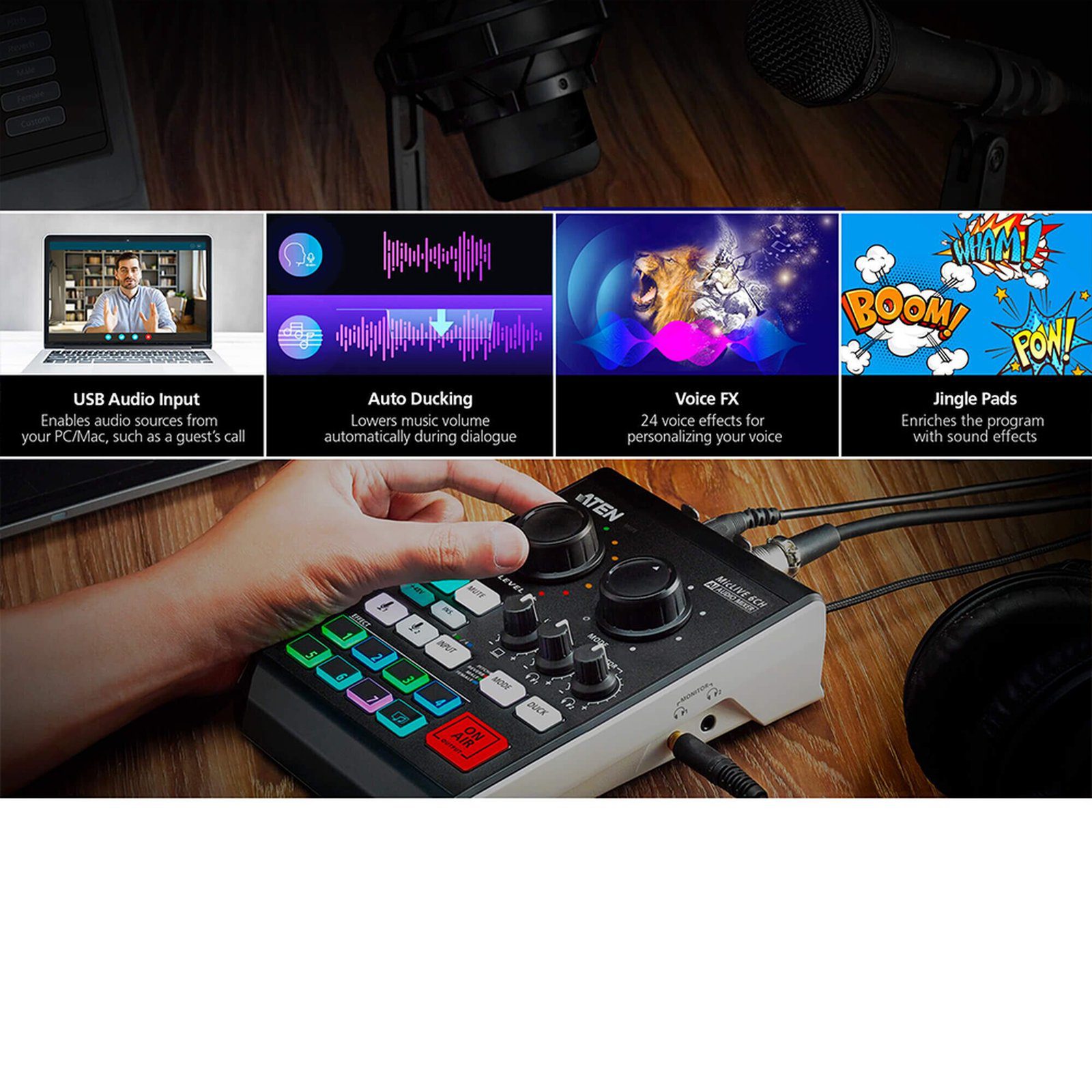 Mezclador de audio para pódcast con IA | MicLIVE™ de 6 canales UC8000 - ATEN