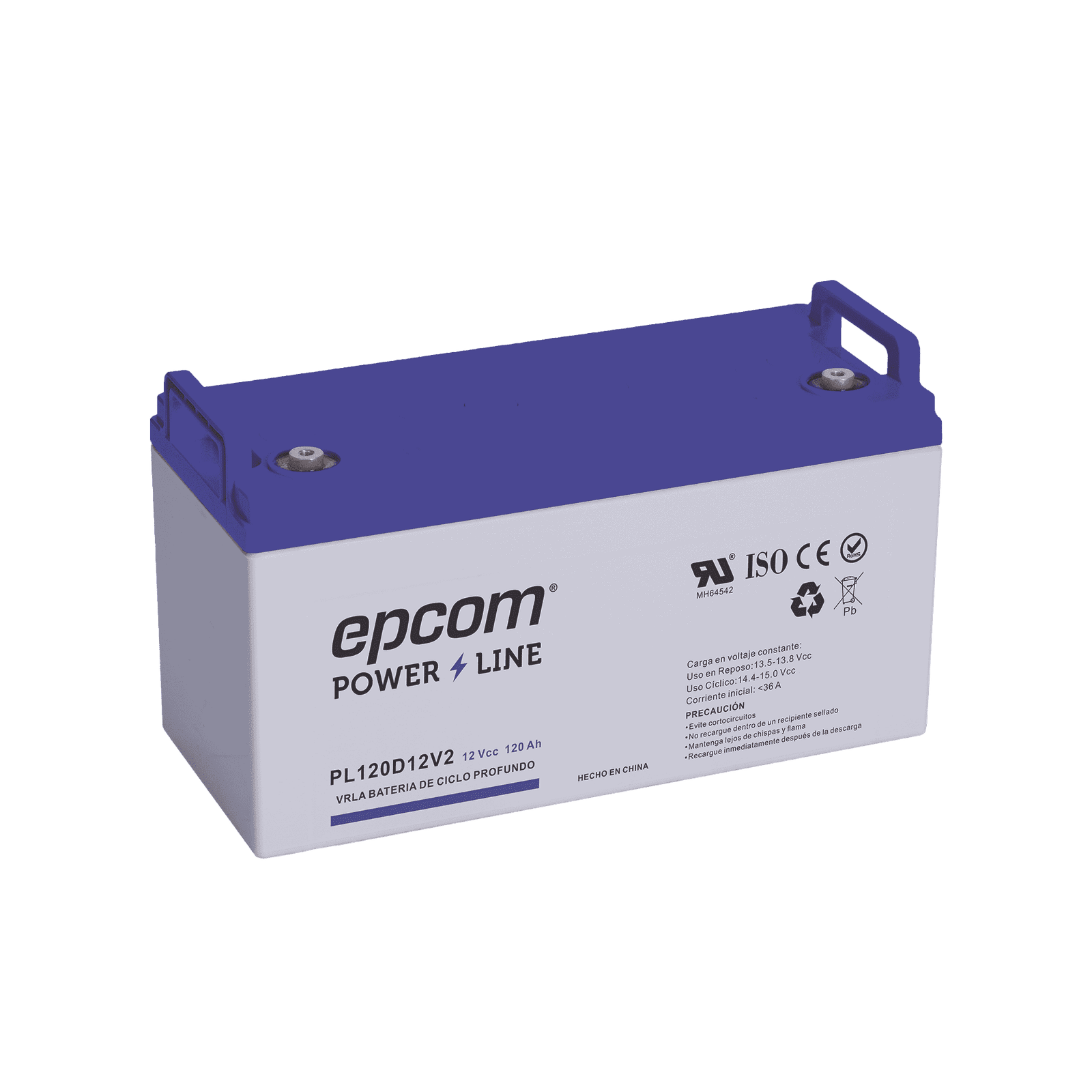 Batería 12 Vcc / 120 Ah / UL / Tecnología AGM-VRLA / CICLO PROFUNDO / Para uso en aplicaciones fotovoltaicas y de emergencia  / Terminales T4 PL120D12V2 - EPCOM POWERLINE