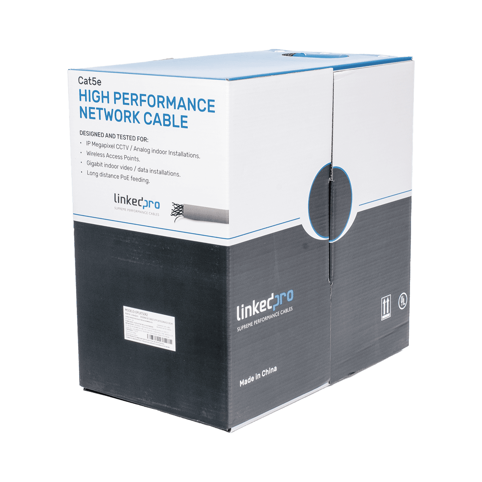 Bobina de cable de 305 m ( 1000 ft ) Cat5e, Aleación de Cobre y Aluminio ( CCA ), color Gris, Uso Interior. EP-CAT-5E-R2 - LINKEDPRO BY EPCOM
