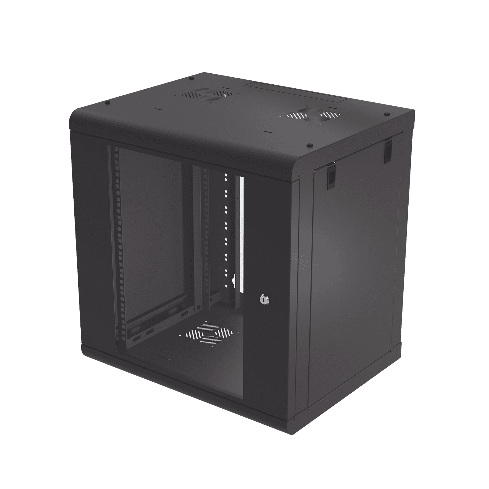 Gabinete de Pared de 12U con Puerta de Cristal Templado, 479.5 mm de Profundidad, Rack de 19”, Acero Reforzado Color Negro. SR-1912-LH2G - LinkedPRO