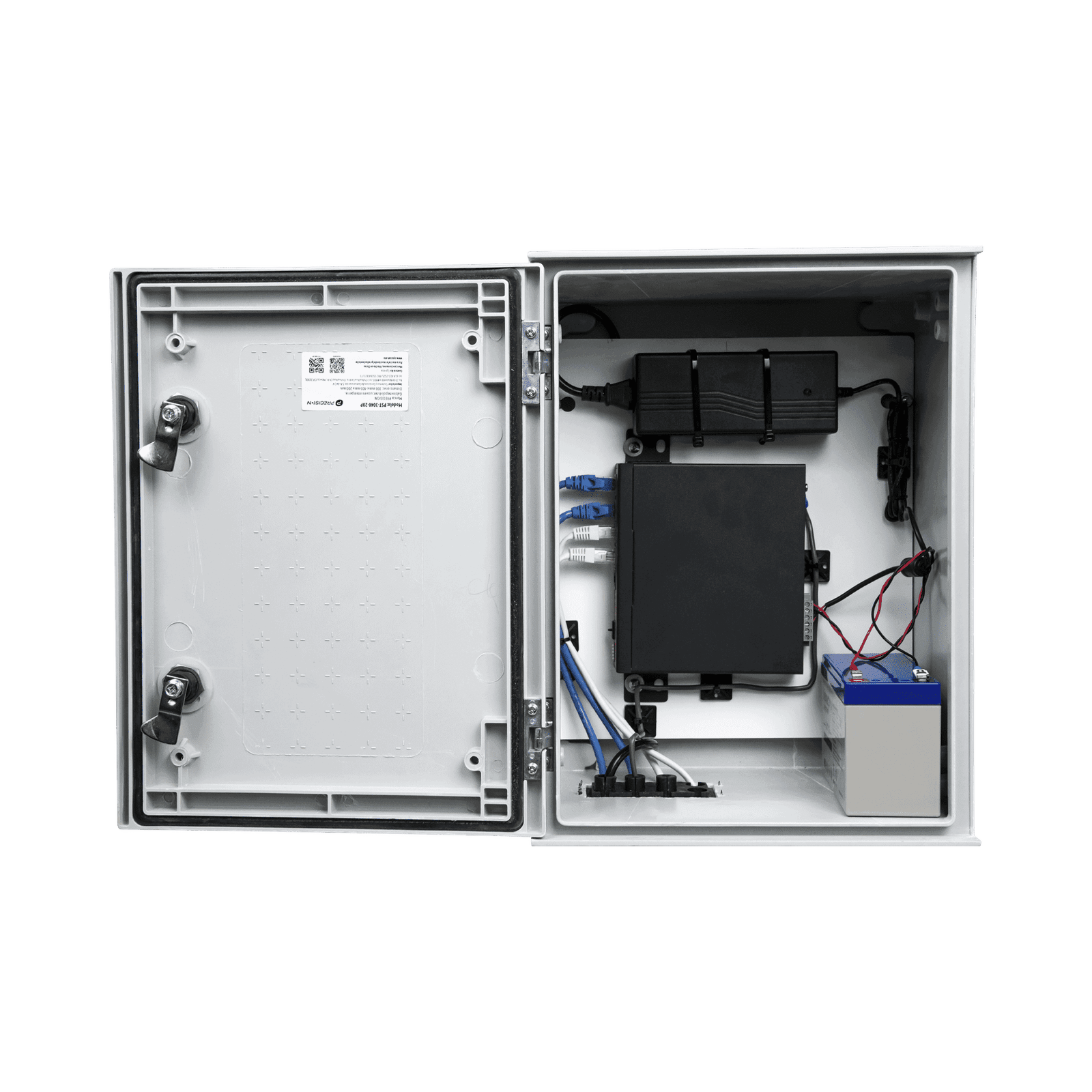 KIT de Gabinete de Poliéster (300 x 400 x 200 mm) + Controlador de Carga con Switch PoE (5) + Batería de 12V 7Ah PST-UPS-BAT1 - PRECISION