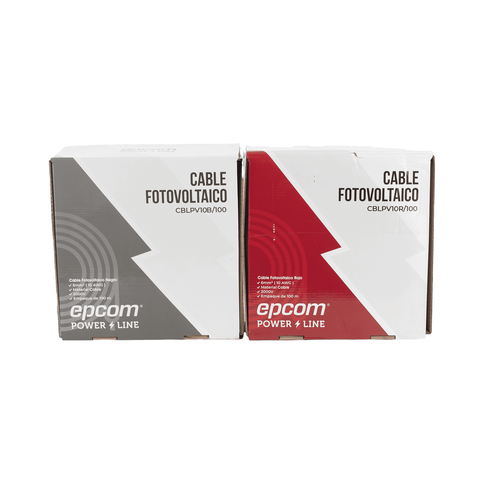 Kit de 2 rollos de 100 metros de cable fotovoltaico de cobre, rojo y negro, calibre 10 AWG (6mm²), Tipo PV,  1000/2000 V y 120°C. KIT2CBLPV10RB/100 - EPCOM POWERLINE