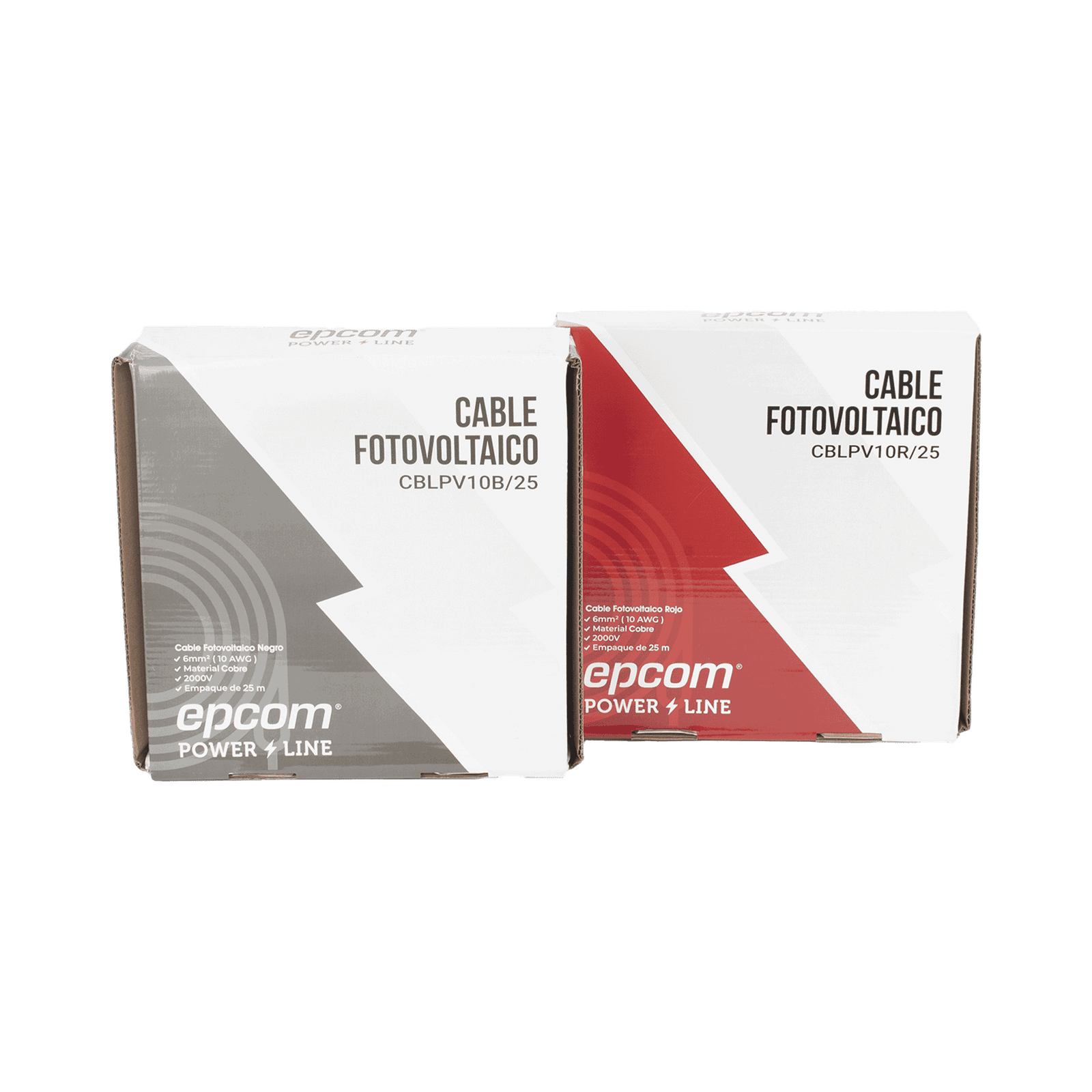Kit de 2 rollos de 25 metros de cable fotovoltaico de cobre, rojo y negro, calibre 10 AWG (6mm²), Tipo PV,  1000/2000 V y 120°C. KIT2CBLPV10RB/25 - EPCOM POWERLINE