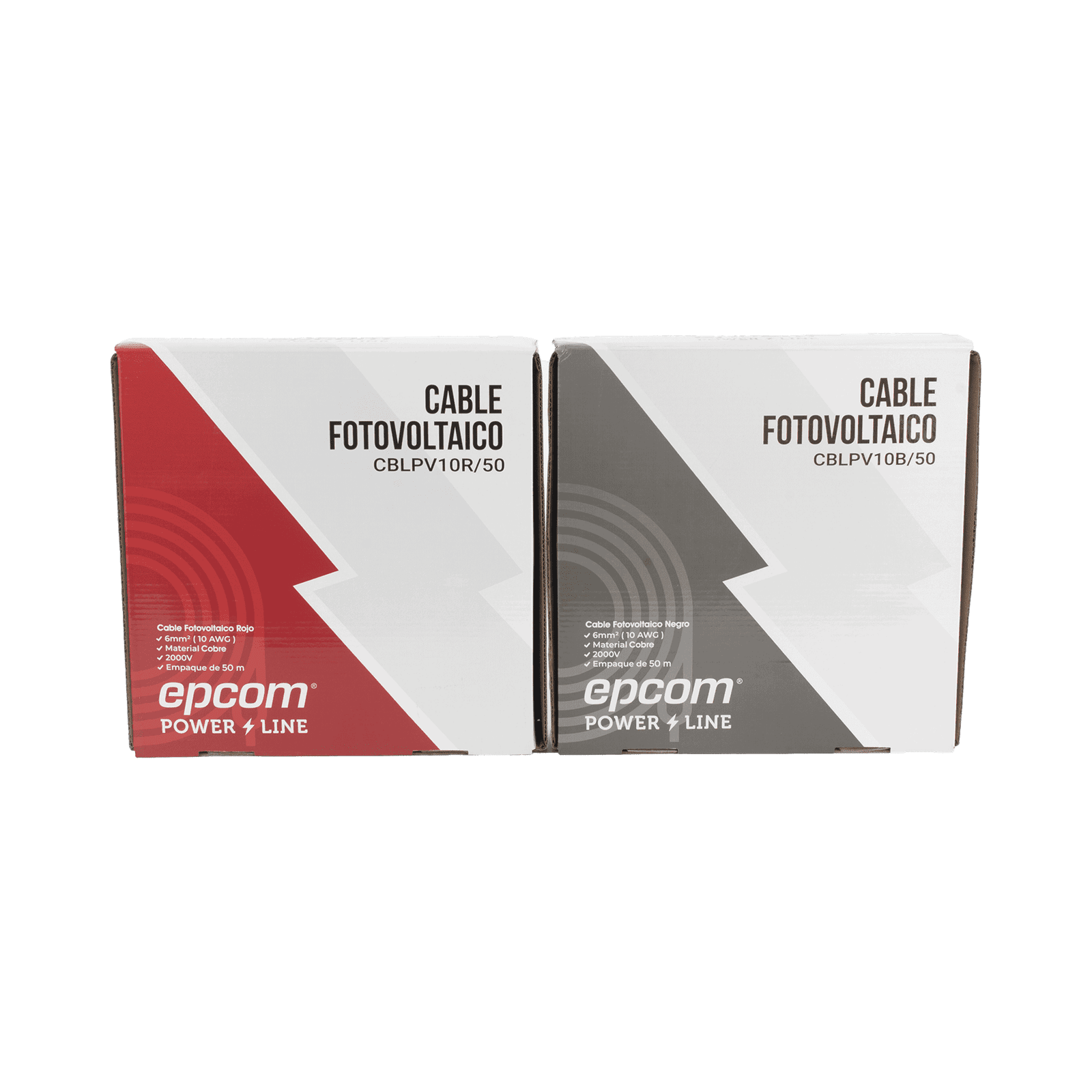 Kit de 2 rollos de 50 metros de cable fotovoltaico de cobre, rojo y negro, calibre 10 AWG (6mm²), Tipo PV,  1000/2000 V y 120°C. KIT2CBLPV10RB/50 - EPCOM POWERLINE