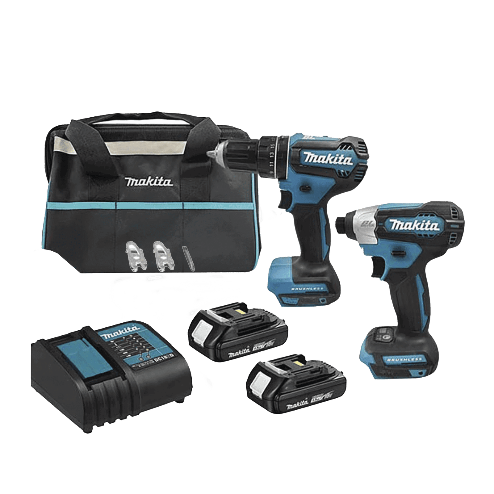 Kit de Rotomartillo Atornillador DHP485Z + Atornillador de Impacto DTD157Z, incluye 2 Baterías BL1815N, 1 Cargador DC18SD y Maleta de lona. DLX-2416-YX2 - MAKITA