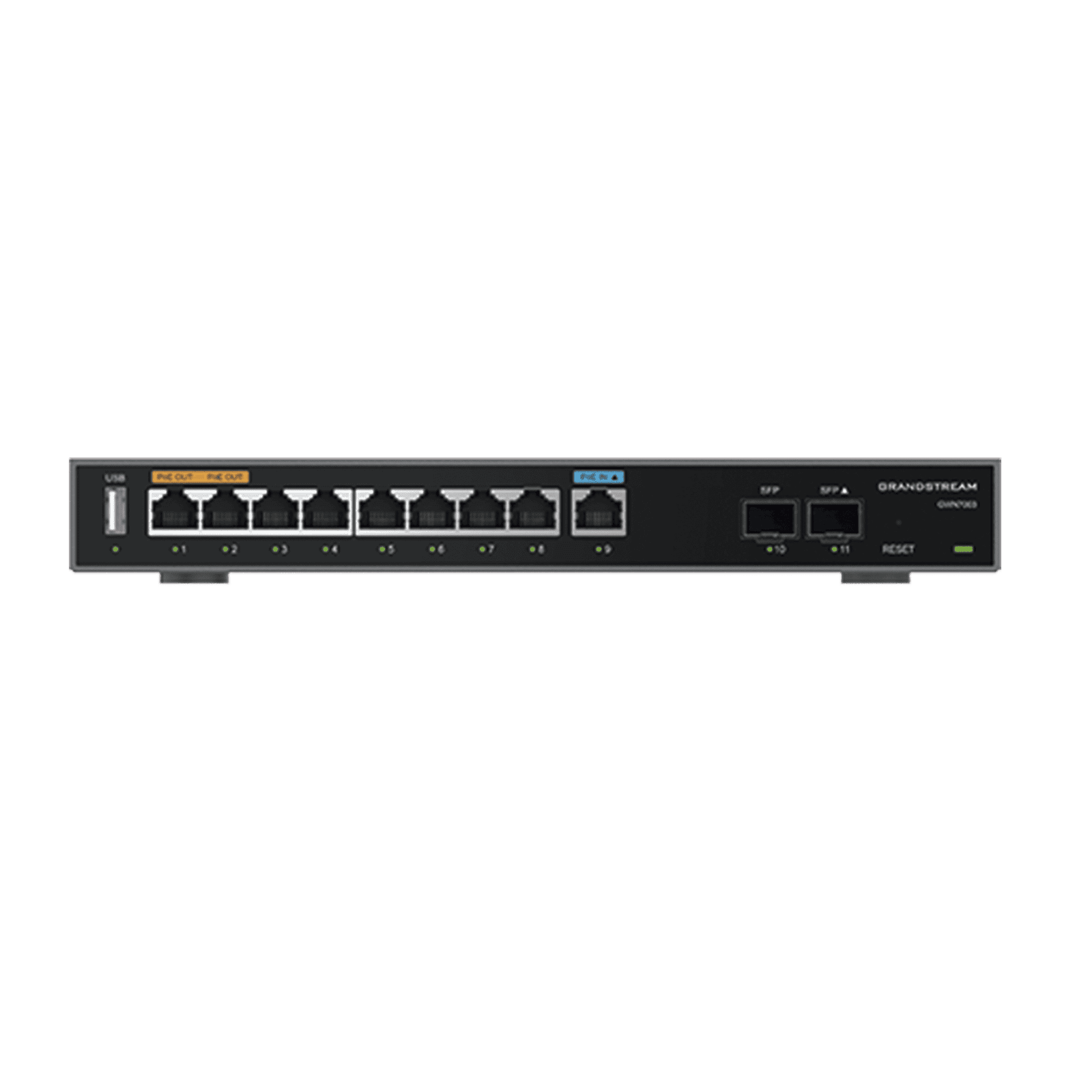 Router Gigabit VPN / Balanceador de cargas / 60,000 sesiones NAT /  9 puertos 10/100/1000 Mbps + 2 puertos SFP (WAN/LAN) / 1 puerto entrada PoE(af/at) / 2 puertos salida PoE (af/at) / Compatible con GWN Cloud. GWN7003 - Grandstream