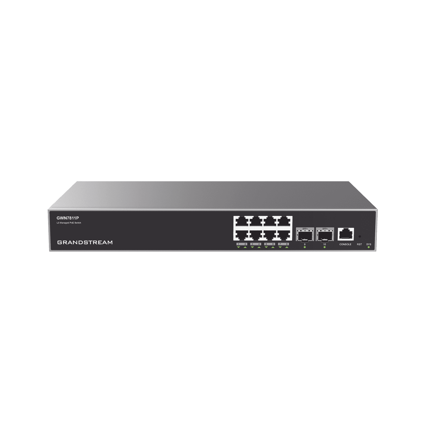 Switch Capa 3 PoE+ Administrable / 8 puertos 10/100/1000 Mbps + 2 Puertos SFP+ de 10 Gigabits / Hasta 120W / Compatible con GWN Cloud. GWN7811P - Grandstream