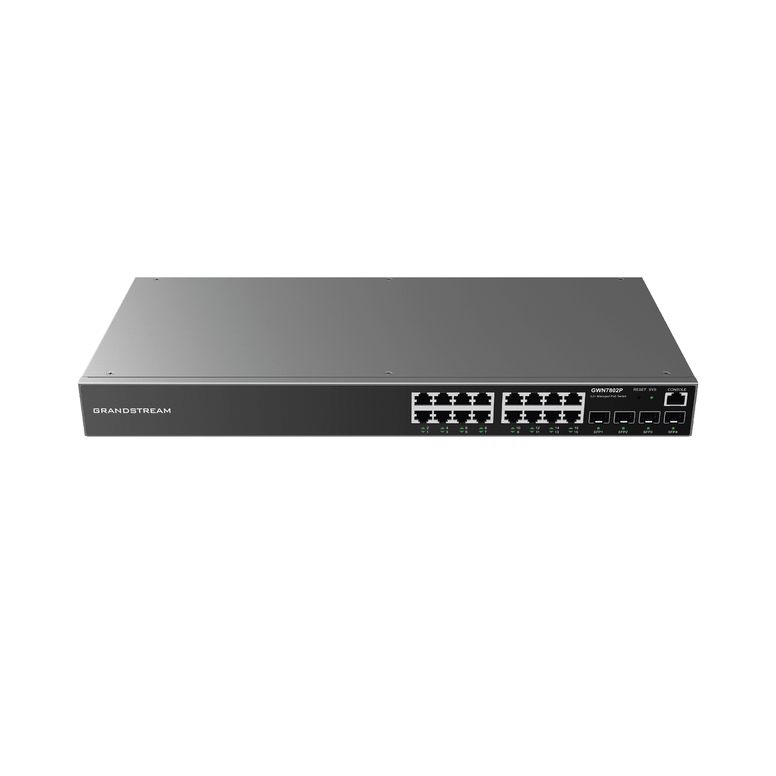 Switch Gigabit PoE+ Administrable / 16 puertos 10/100/1000 Mbps + 4 Puertos SFP Uplink / Hasta 240W / Compatible con GWN Cloud. GWN7802P - Grandstream