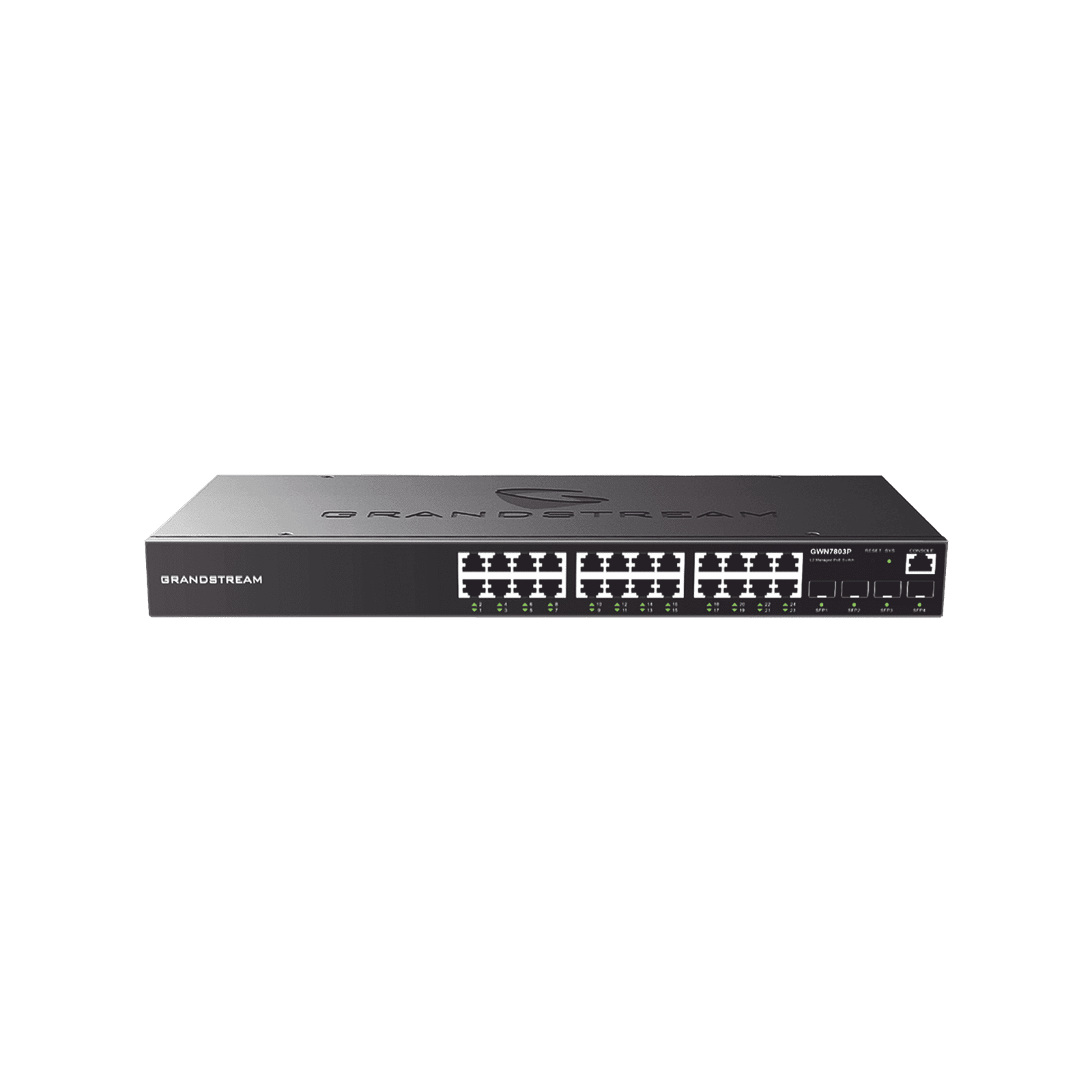 Switch Gigabit PoE+ Administrable / 24 puertos 10/100/1000 Mbps + 4 Puertos SFP Uplink / Hasta 360W / Compatible con GWN Cloud. GWN7803P - Grandstream
