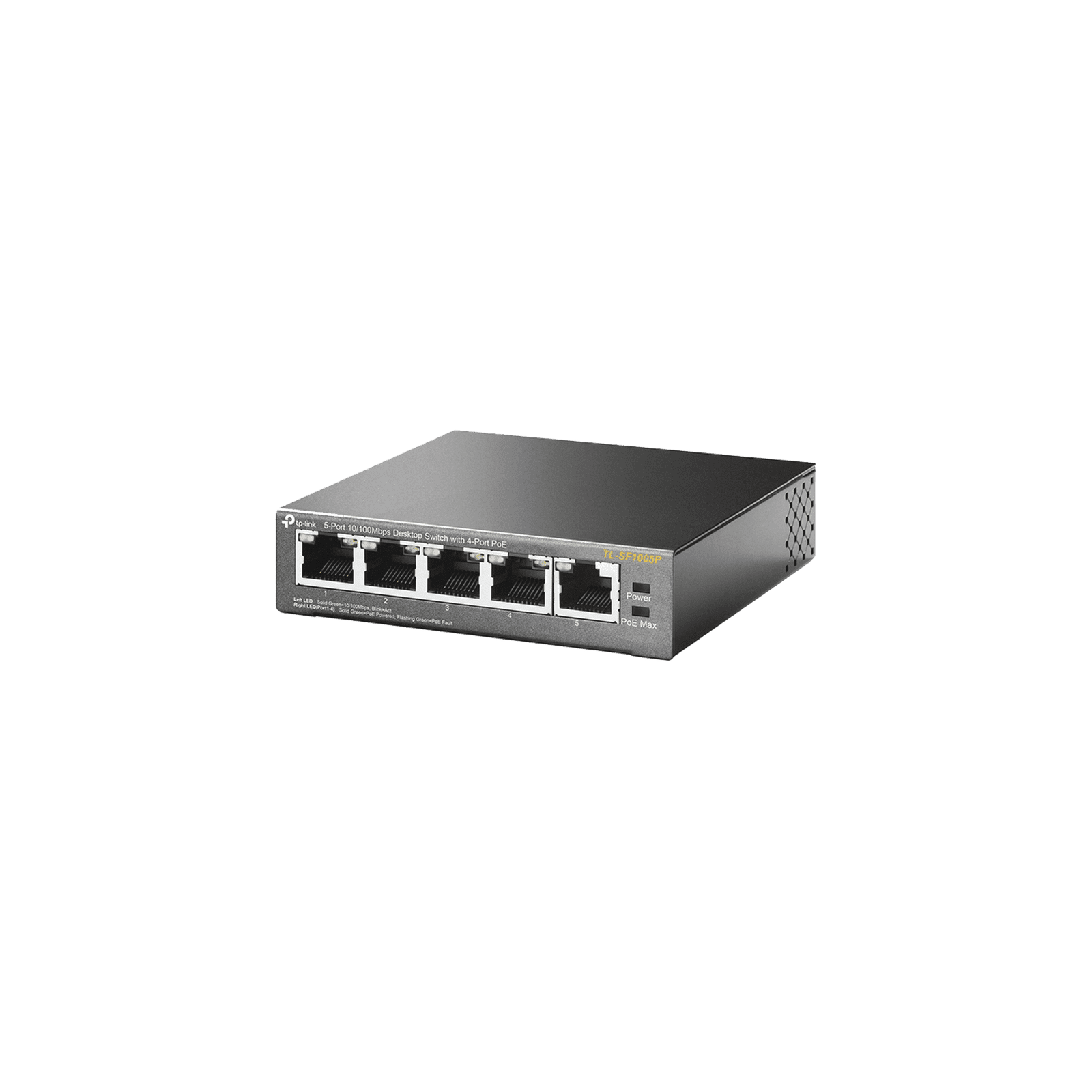Switch PoE no Administrable de escritorio / 5 puertos 10/100 Mbps / 4 puertos PoE af/at / Presupuesto 67 W / Modo Extensor hasta 250 m / Calidad video prioritaria TL-SF1005P - TP-LINK