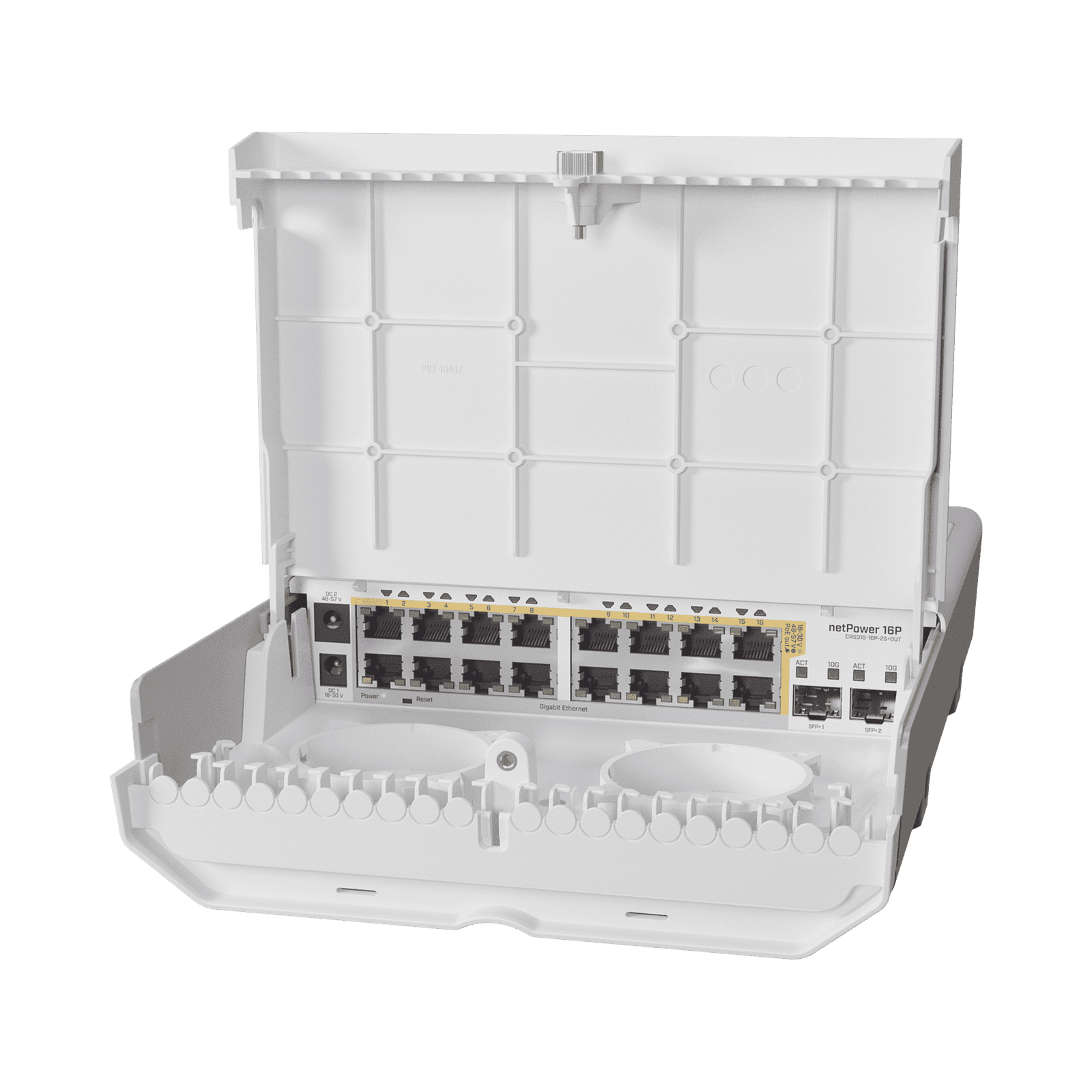 (netPower 16P) Switch administrable Sistema Operativo Dual, 16 puertos c/PoE, 2 puertos 10G SFP+ para Exterior CRS318-16P-2S+OUT - MIKROTIK