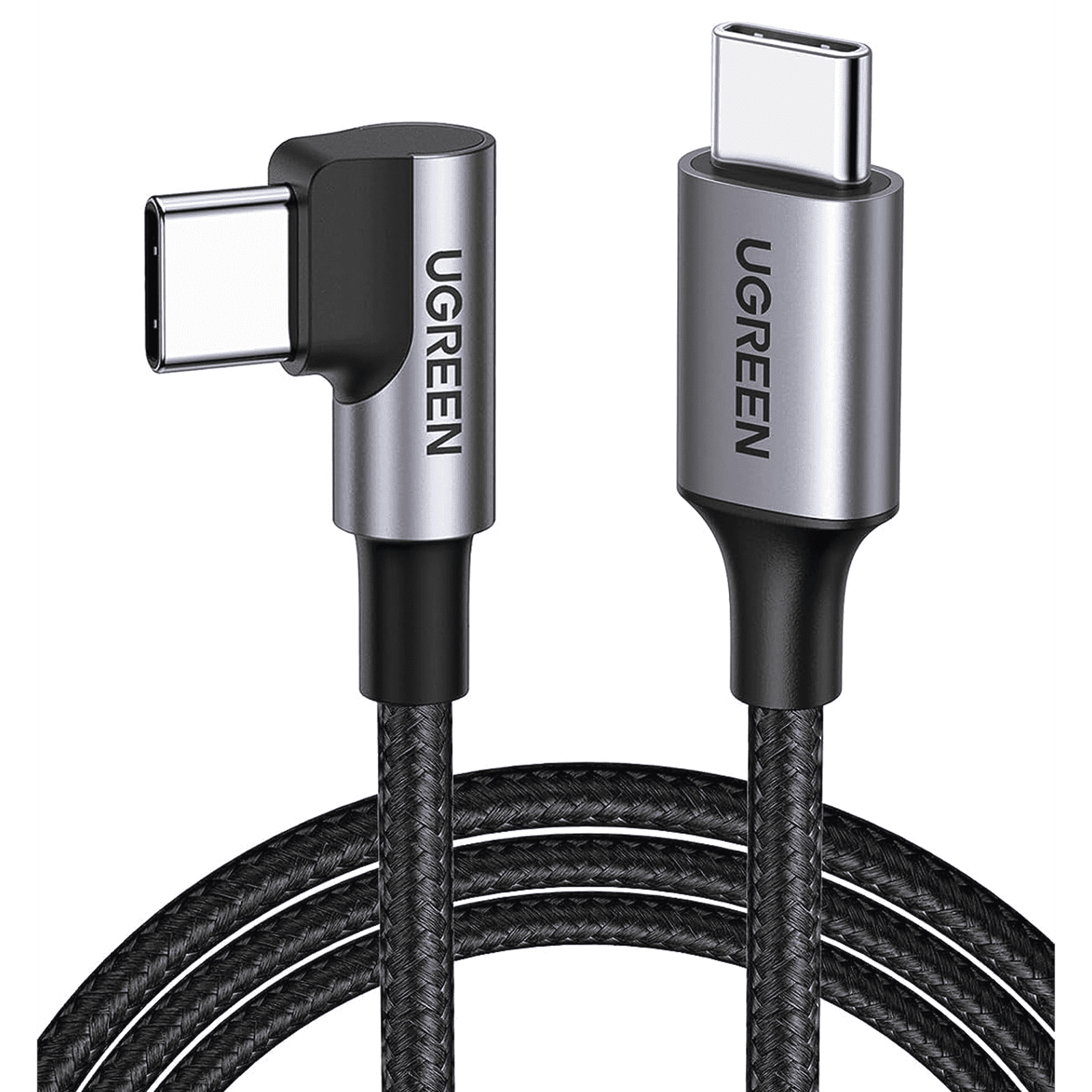 Cable USB-C a USB-C | 1 Metro | Conector con Ángulo Recto de 90° | Carga Rápida de hasta 60W | 480 Mbps | PD3.0 | QC4.0/3.0/2.0 | FPC | AFC | Protección Integrada| Caja de Aluminio | Nylon Trenzado | Color Negro. 50123 - UGREEN