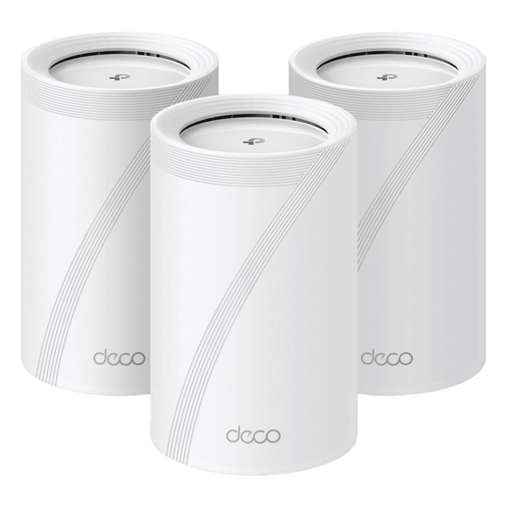 KIT 3 Routers Inalámbrico MESH Interior para Hogar / Triple Banda Wi-Fi 7 BE9300 Mbps / 2 Puerto 2.5 Gigabit WAN/LAN / 4 Antenas Internas / Operación Multi-Link MLO / Administración Mediante la App Deco (iOS, Android) / HomeShield DECO-BE65-3PACK