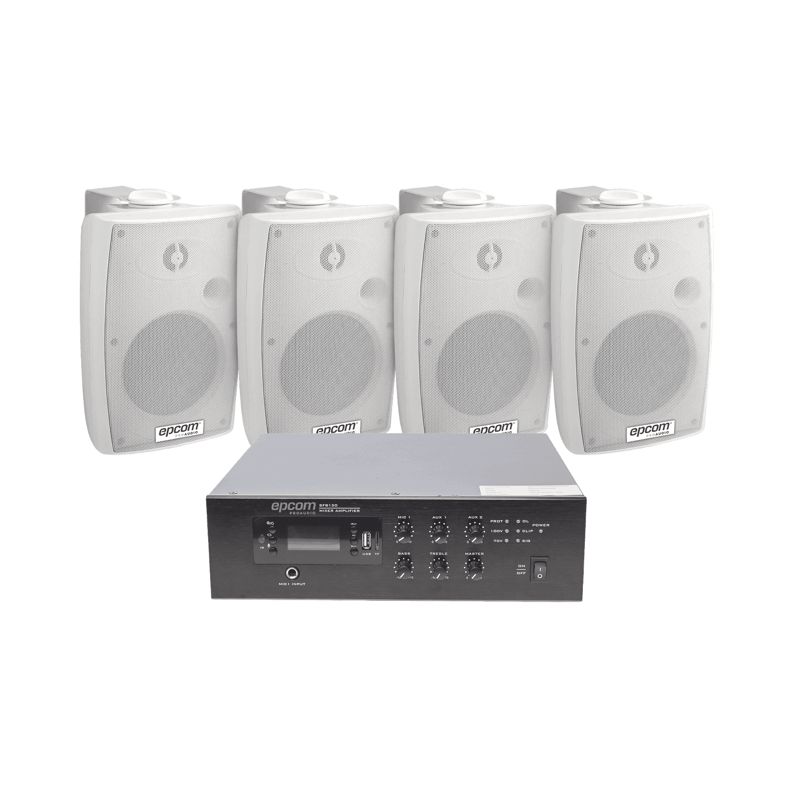 KIT de Amplificador de 120W para Escritorio | 4 Altavoces de Pared color Blanco 2.5W – 20W | Sistema 70/100V SFB120/4WSW - EPCOM PROAUDIO