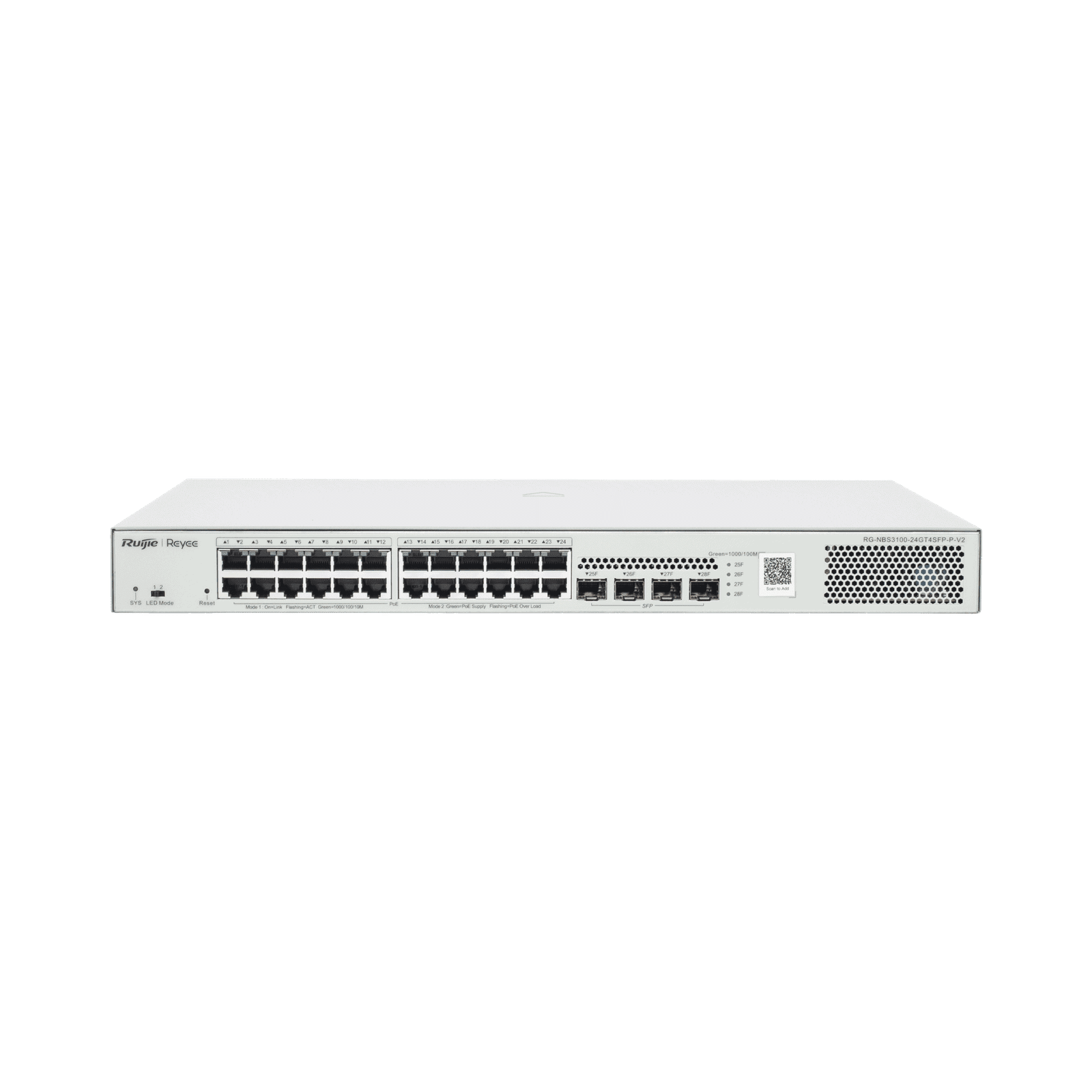 Switch Administrable L2 PoE+ hasta 370W, 24 Puertos Eth 1G, 4 puertos SFP 1G, Administración Remota en la Nube. RG-NBS3100-24GT4SFP-P-V2 - RUIJIE