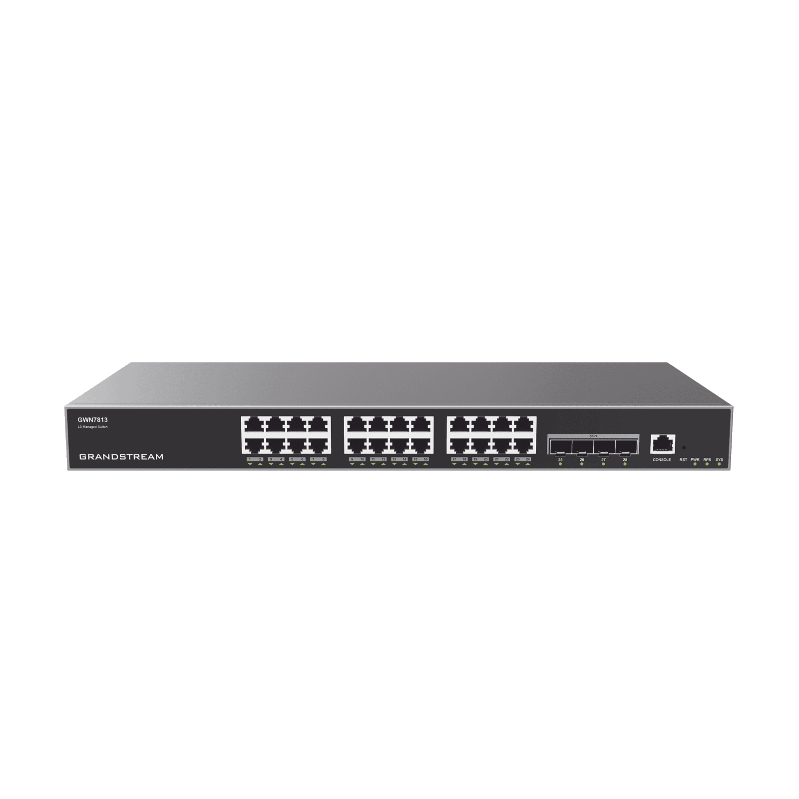 Switch Capa 3 Administrable / 24 puertos 10/100/1000 Mbps + 4 Puertos SFP+ de 10 Gigabits / Compatible con GWN Cloud. GWN7813 - Grandstream