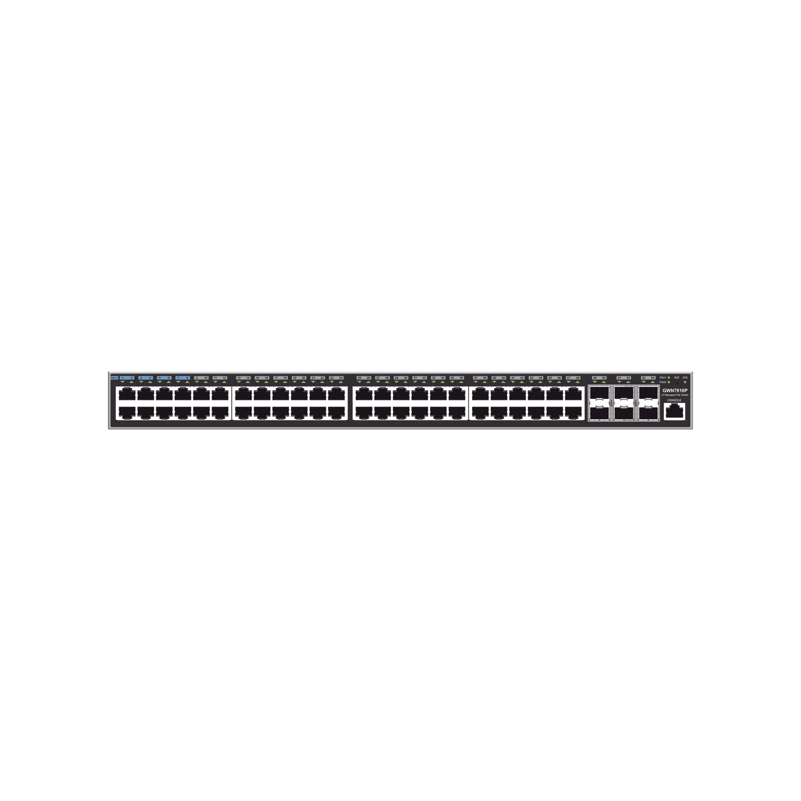 Switch Capa 3 PoE+ Administrable / 48 puertos 10/100/1000 Mbps + 6 Puertos SFP+ de 10 Gigabits / Hasta 740W / Compatible con GWN Cloud. GWN7816P - Grandstream