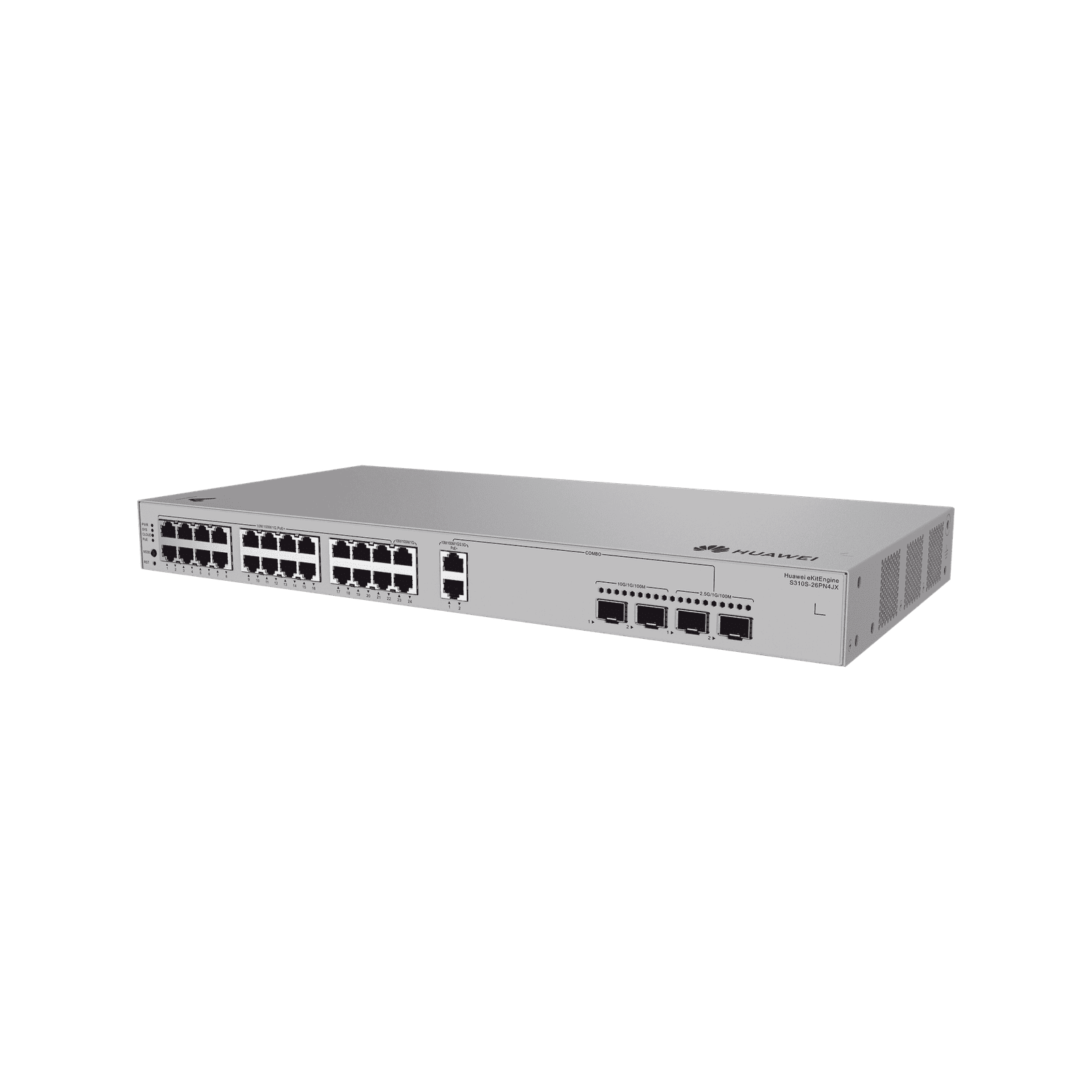 Switch Gigabit Administrable PoE Capa 3 / 24 Puertos 10/100/1000 Mbps (22 PoE) / 2 Puertos 2.5GE (PoE) combo 2 Puertos SFP 2.5GE /2 Puertos SFP+ 10GE / 400W / PoE Perpetuo / iStack / Administración Nube Gratis S310S-26PN4JX - HUAWEI