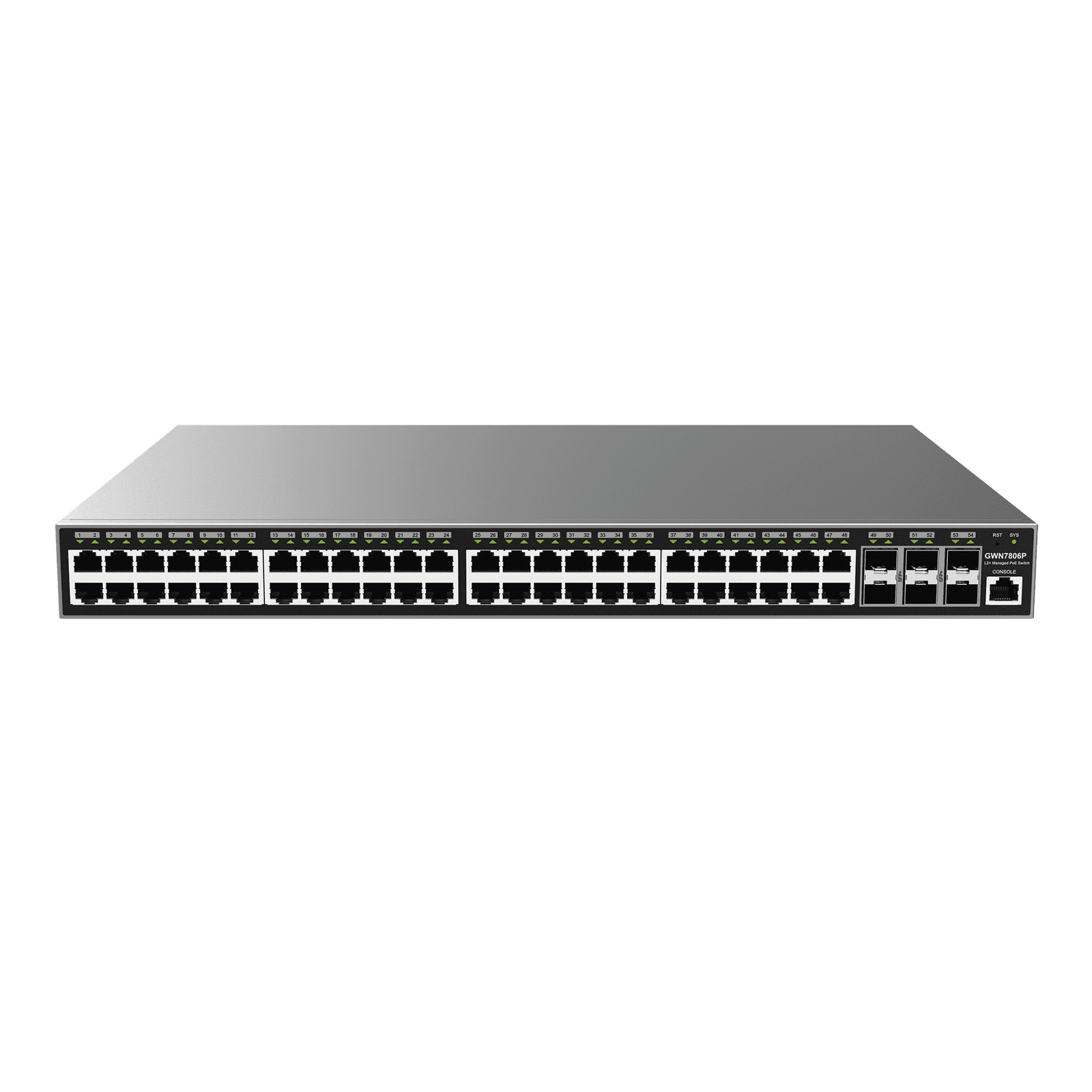 Switch Gigabit PoE+ Administrable / 48 puertos 10/100/1000 Mbps + 6 Puertos SFP+ / Hasta 400W / Compatible con GWN Cloud. GWN7806P - Grandstream