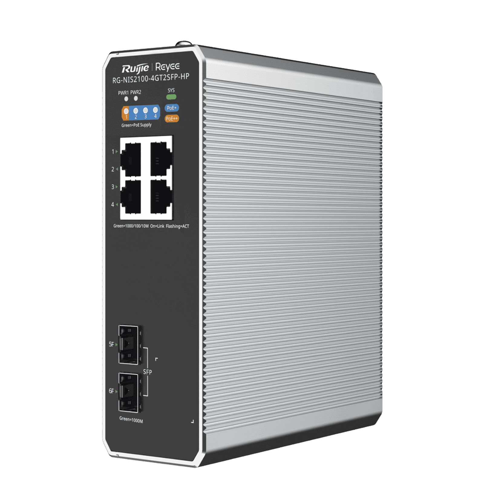 Switch Industrial PoE hasta , Ideal para temperaturas Extremas y protección contra descargas, 1 x PoE++ Port, 3 x PoE+ Ports, and 2 x SFP Uplink Ports RG-NIS2100-4GT2SFP-HP - RUIJIE