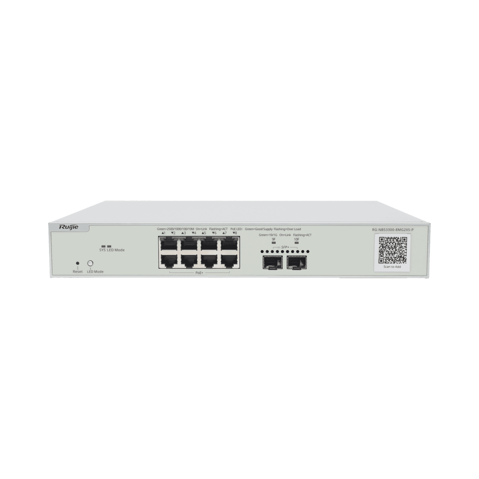 Switch Multi-Gigabit PoE+ Capa 2 con 8 Puertos 2.5G PoE+ hasta 240W y 2 Uplink SFP+ 10G ,Administrable Cloud, Diseñado Para Access Points WiFi 6/7 RG-NBS3300-8MG2XS-P - RUIJIE
