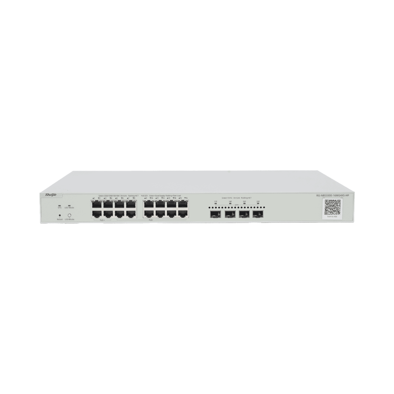 Switch Multi-Gigabit PoE++ hasta 370W, Capa 2 con 4 Puertos 2.5G (90W), 12 Puertos 2.5G (30W) y 4 Uplink SFP+ 10G , Administrable Cloud, Diseñado Para Access Points WiFi 6/7 RG-NBS3300-16MG4XS-HP - RUIJIE