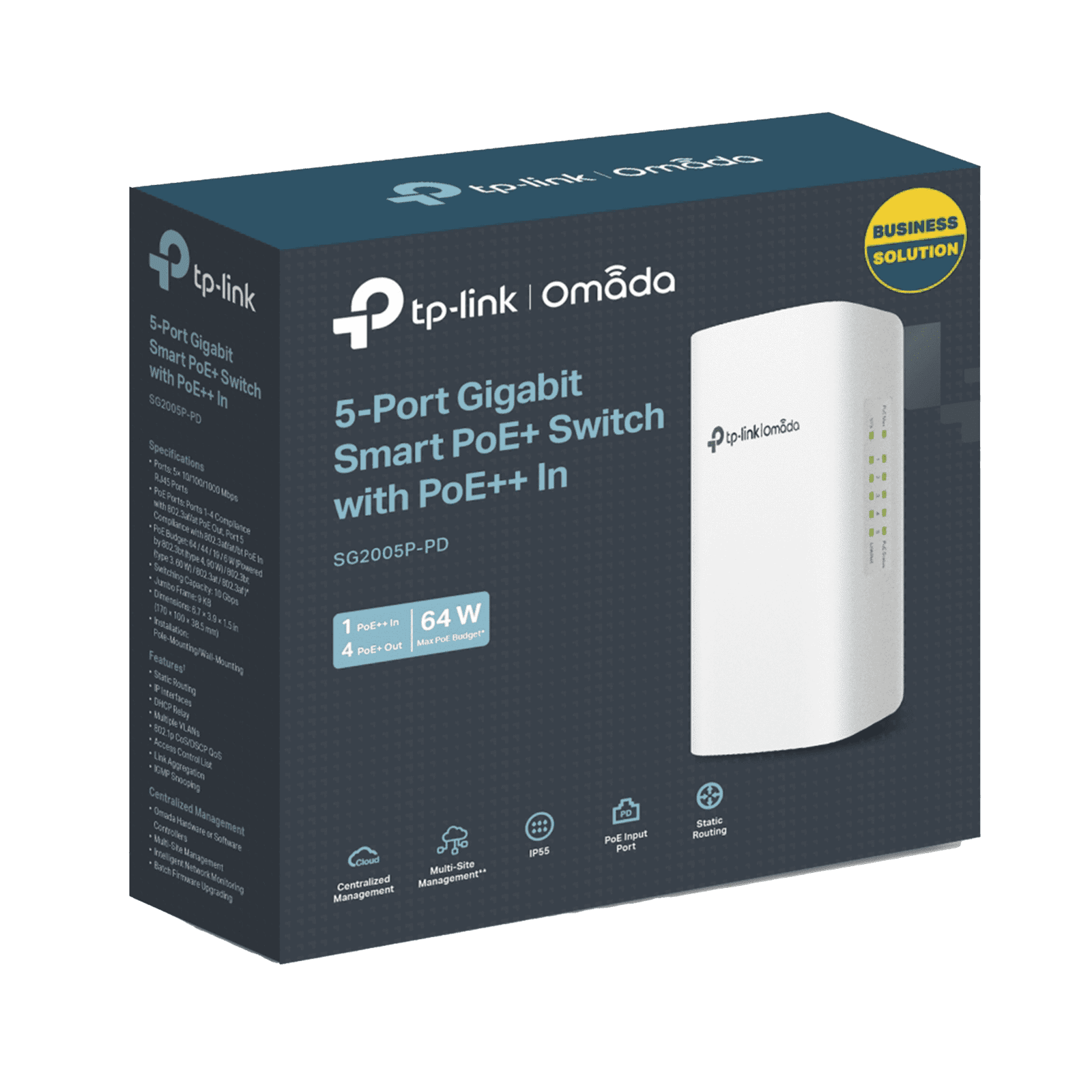 Switch PoE Omada Para Exterior / 1 Puerto PoE++ IN 802.3 af/at/bt / 4 Puertos PoE+ OUT Gigabit / Adminstración Centralizada Omada SG2005PPD - TP-LINK